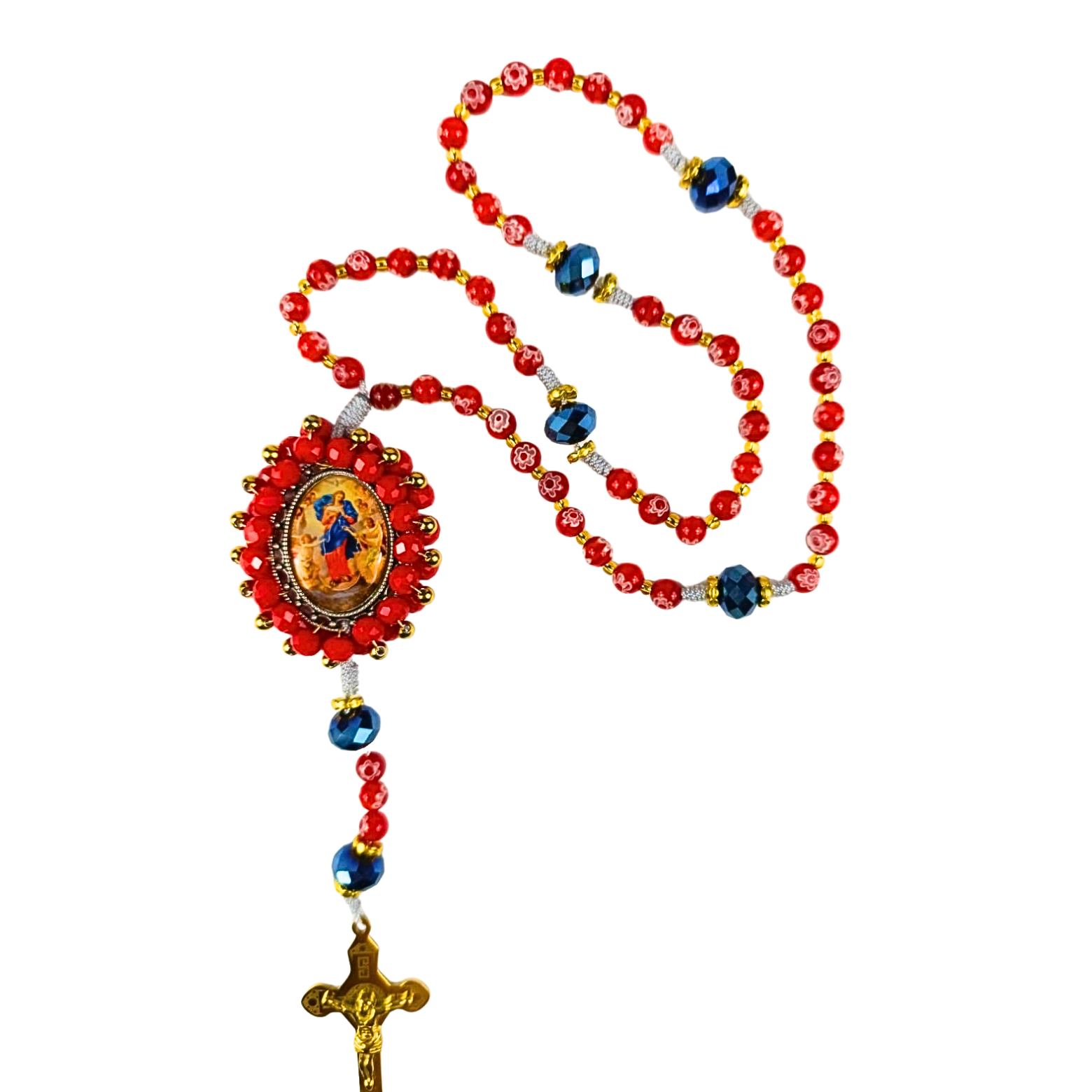 Rosario Virgen Desatanudos | Rojo Jaspeado y Azul Cristal