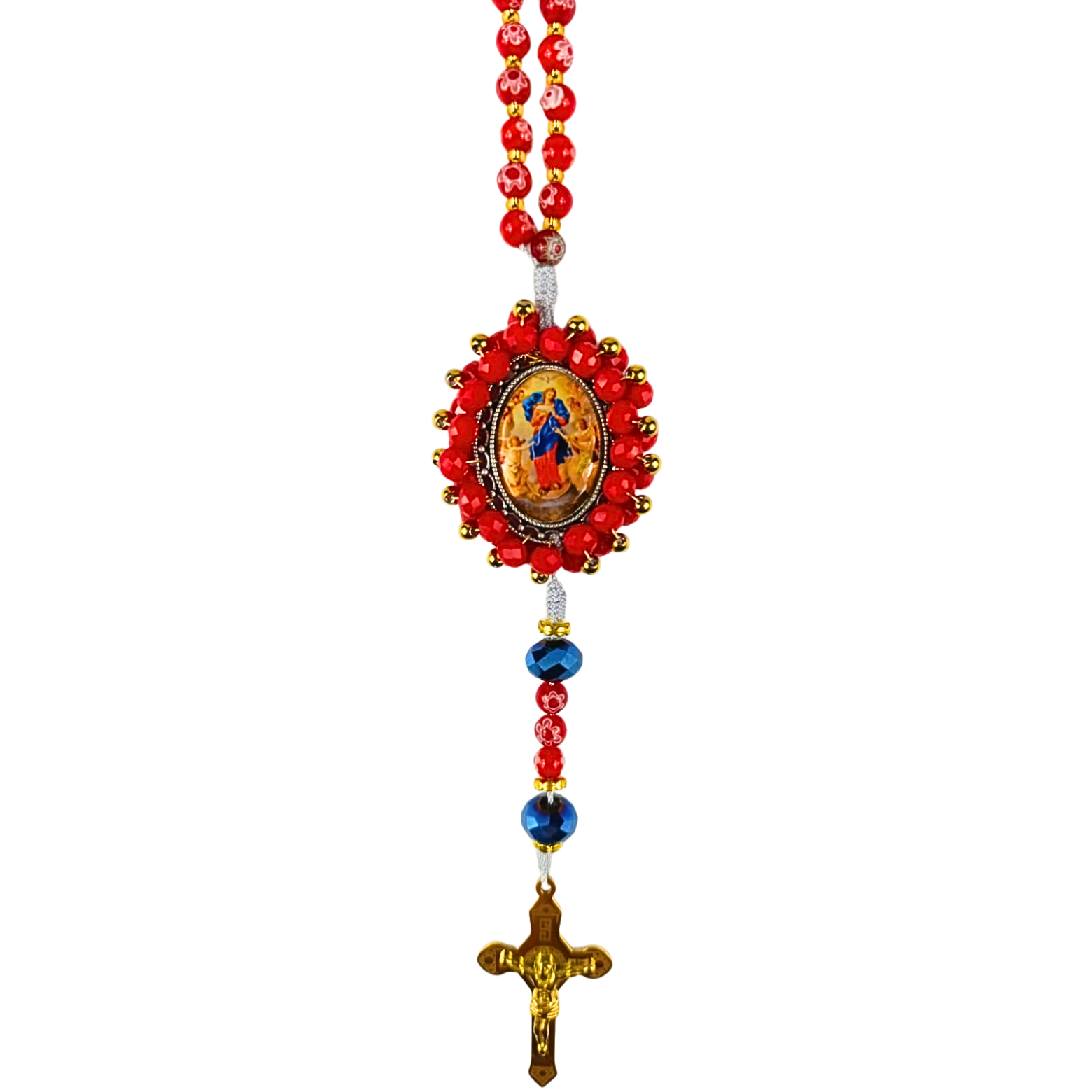 Rosario Virgen Desatanudos | Rojo Jaspeado y Azul Cristal