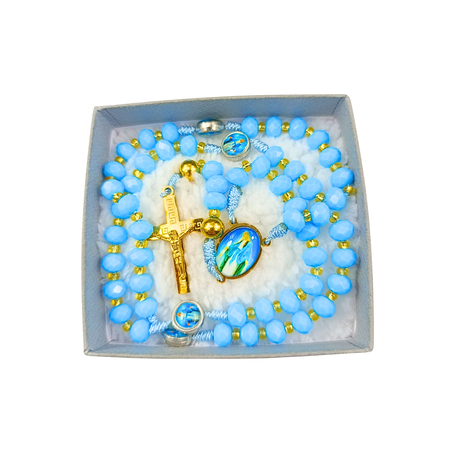 Rosario Virgen Milagrosa | Azul Celeste Perla y Detalles Dorados