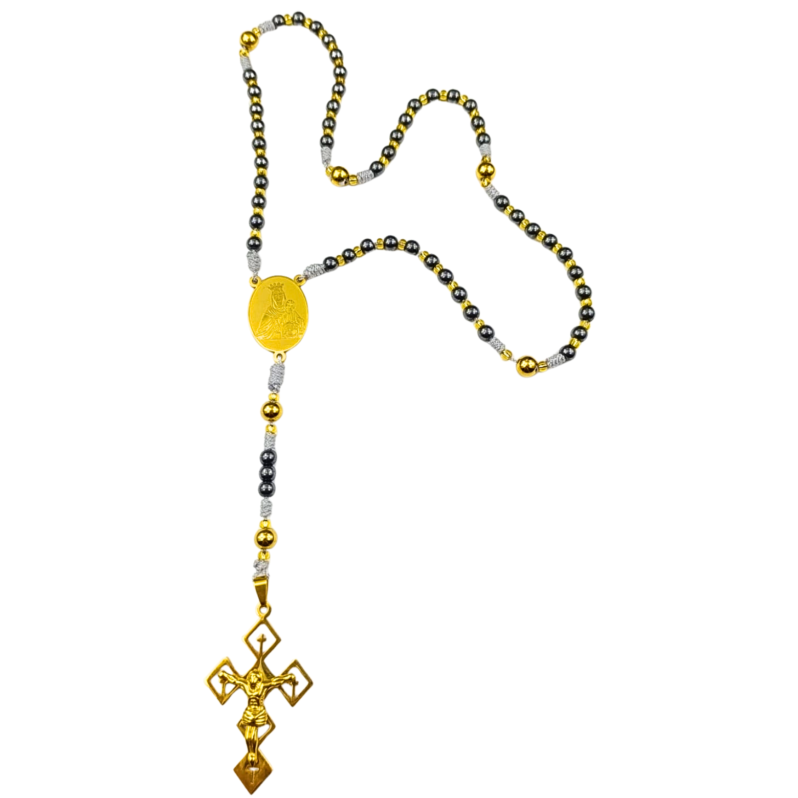 Rosario Virgen del Carmen – Dorado y Gris Metálico Bicolor