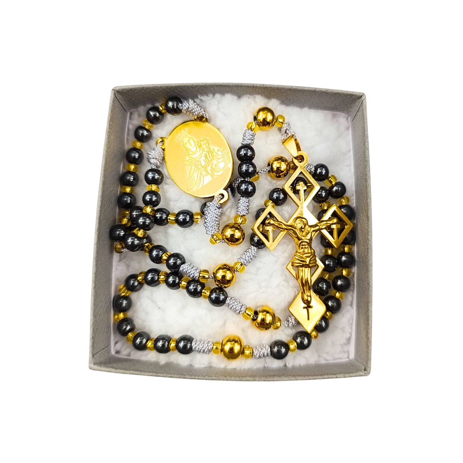Rosario Virgen del Carmen – Dorado y Gris Metálico Bicolor