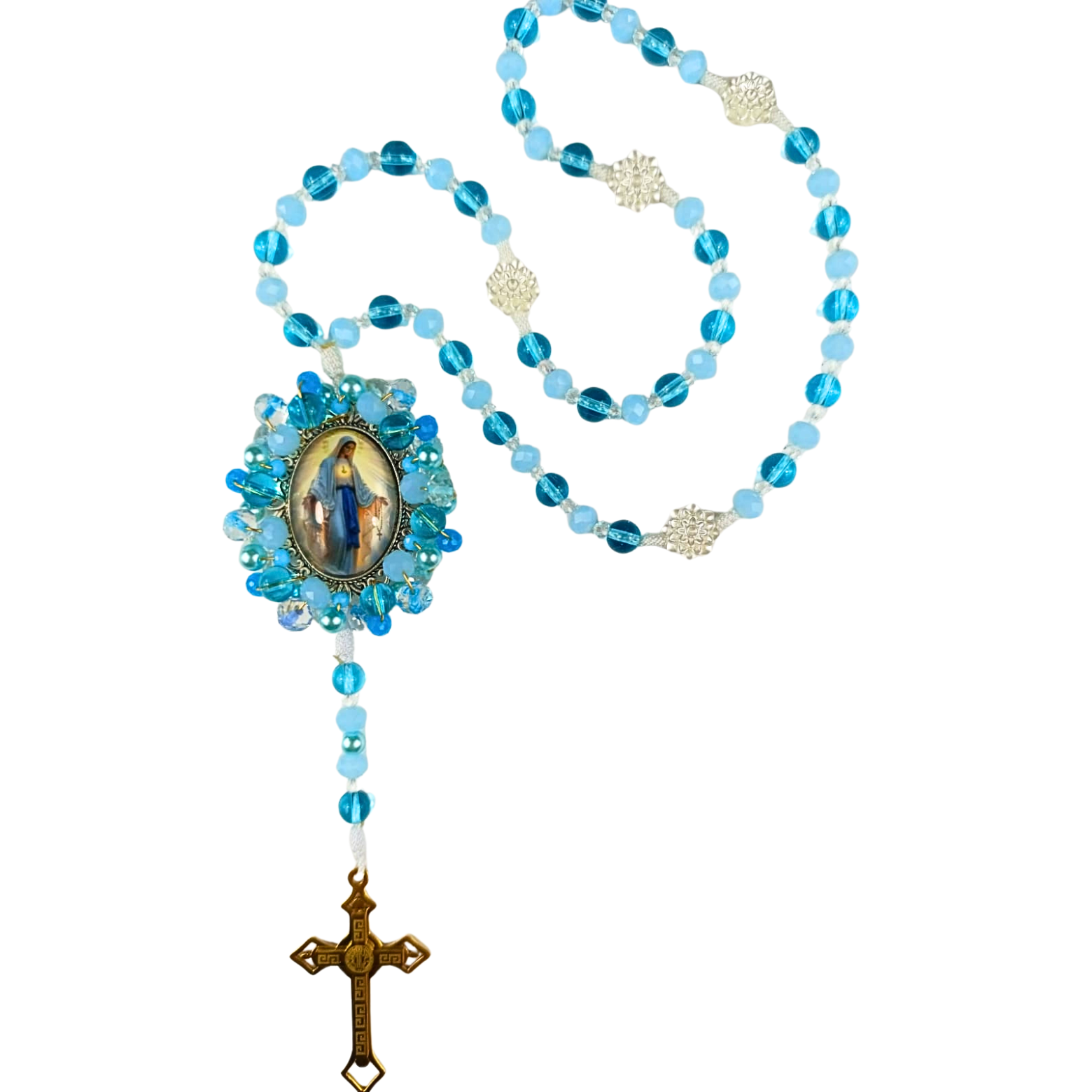 Rosario Virgen Milagrosa | Azul Ojo de gato y Flores Blancas