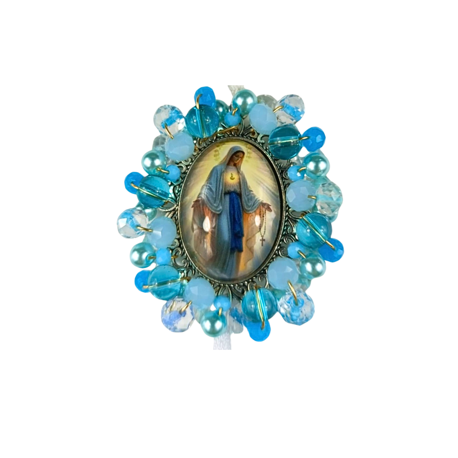 Rosario Virgen Milagrosa | Azul Ojo de gato y Flores Blancas