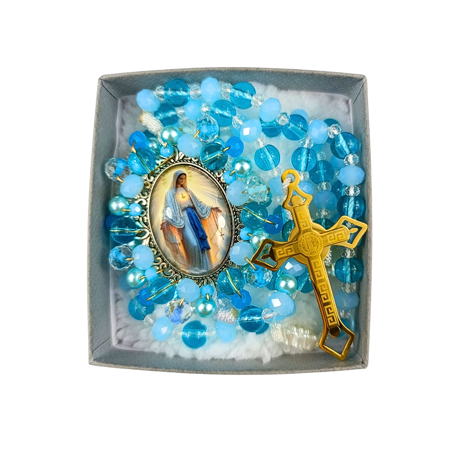 Rosario Virgen Milagrosa | Azul Ojo de gato y Flores Blancas