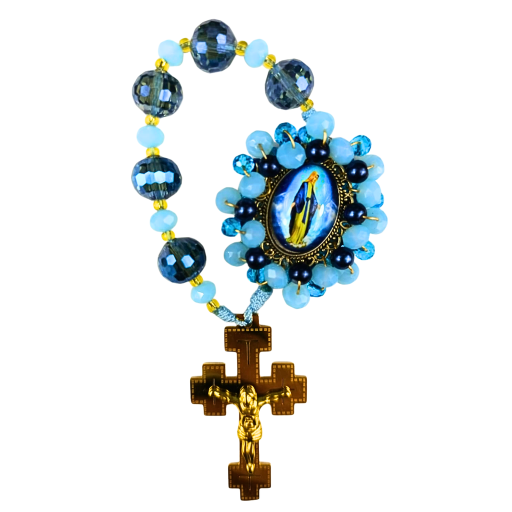 Denario Virgen Milagrosa – Azul Celeste y Azul Oscuro Facetado