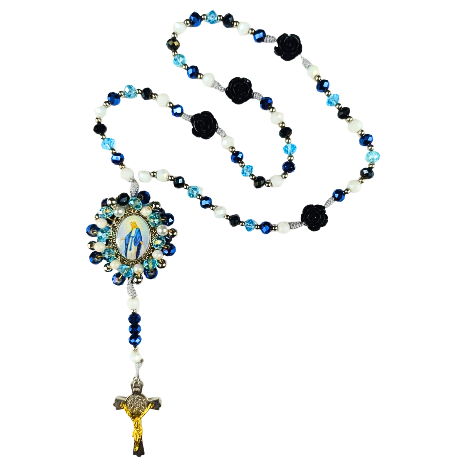 Rosario Virgen Milagrosa | Azul, Blanco Perla y Rosas Negras