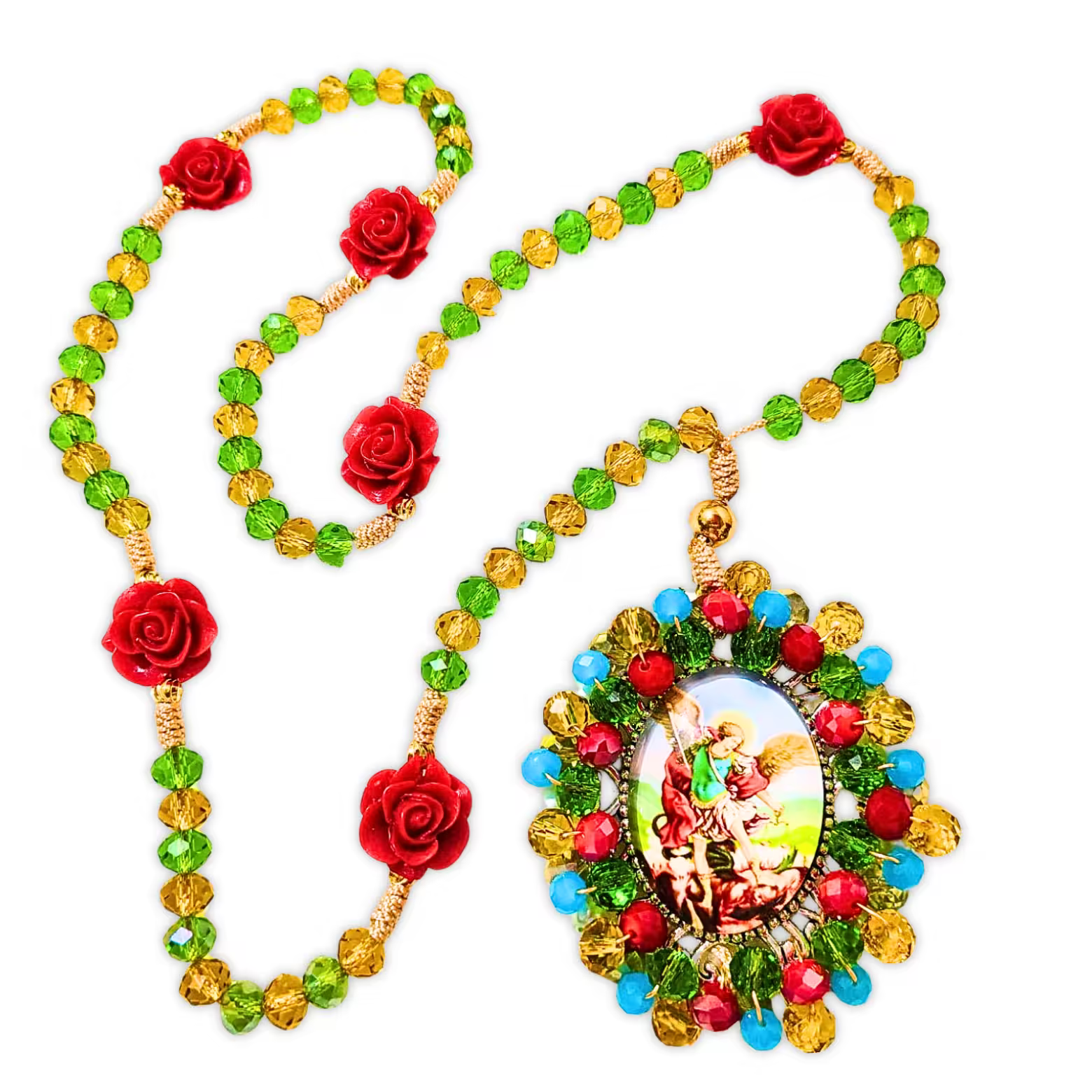 Rosario San Miguel Arcángel | Dorado, Verde y Rosas Rojas