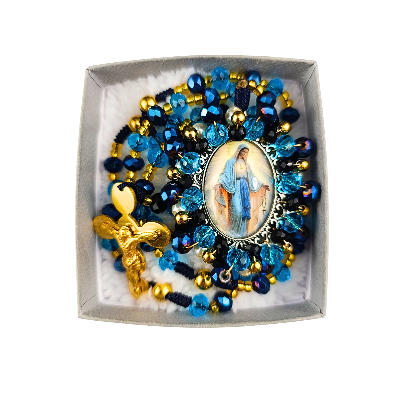 Rosario Virgen Milagrosa – Azul Turquesa y Dorado