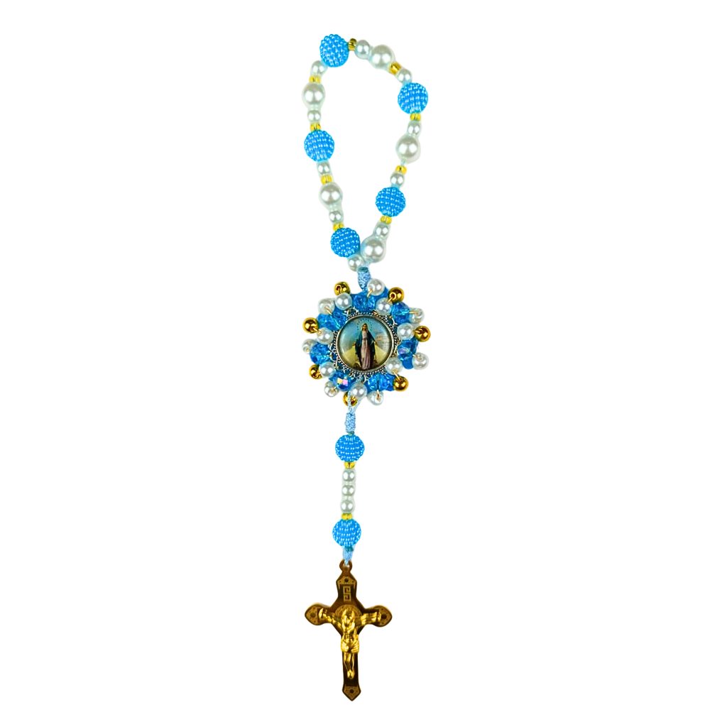 Denario Virgen Milagrosa – Azul Turquesa y Perla Plateada