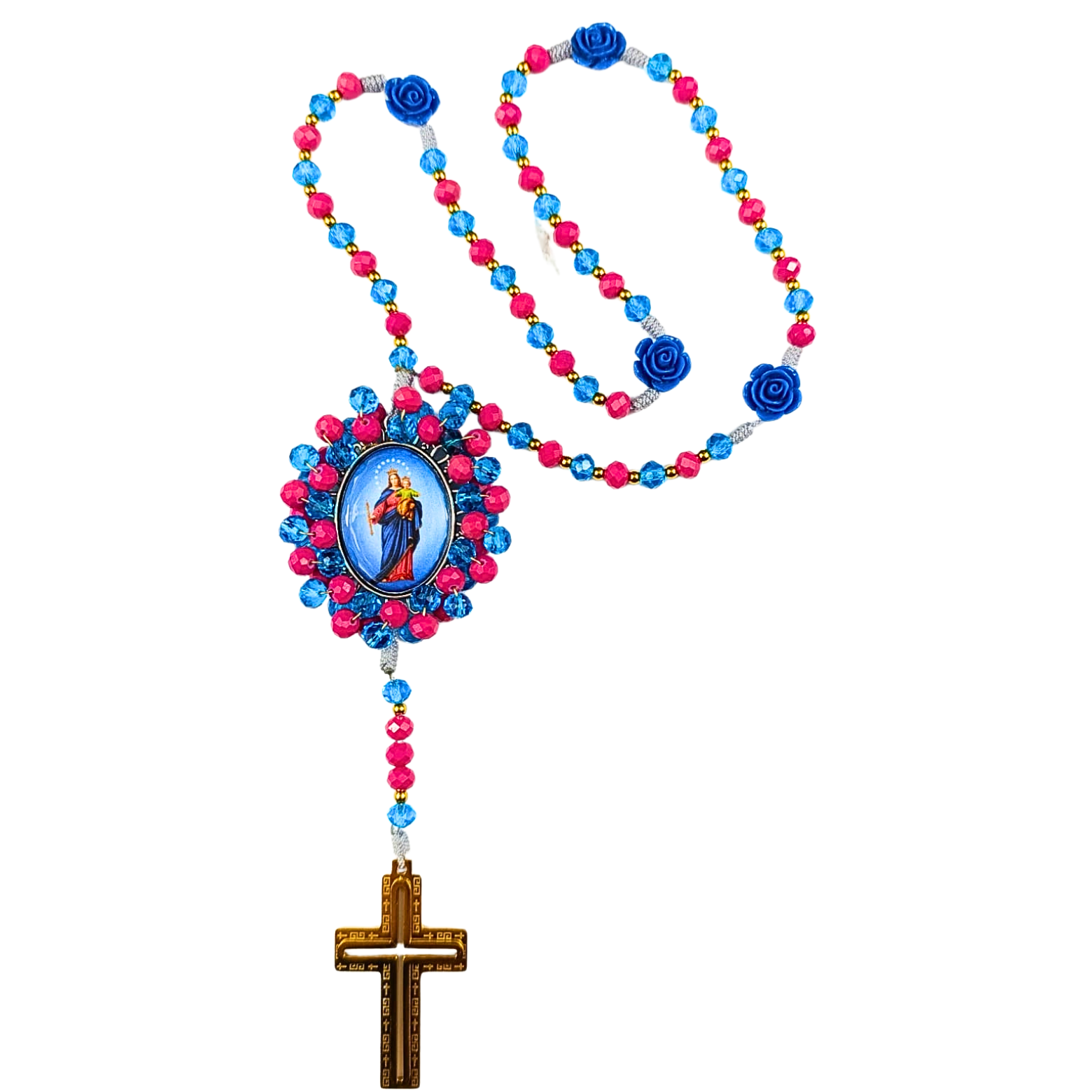 Rosario Virgen María Auxiliadora | Fucsia y Azul Cristal con Rosas