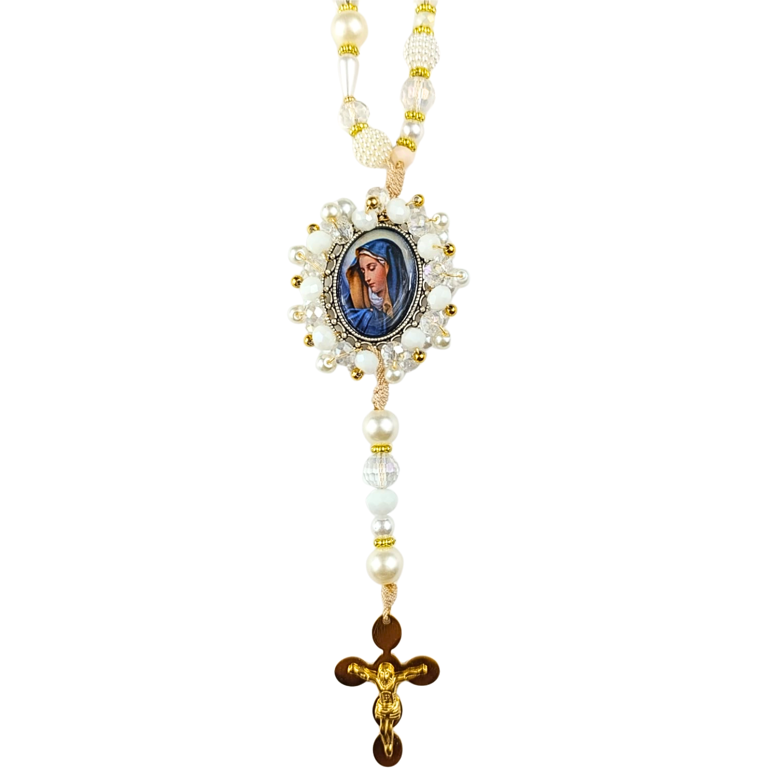 Rosario Virgen Maria - Perla Blanca y Detalles Dorados