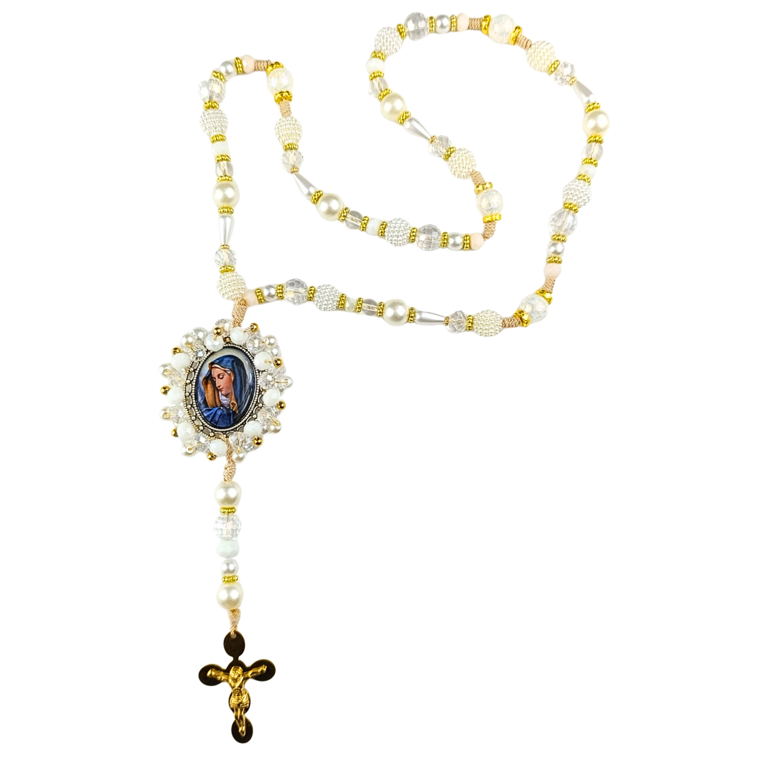 Rosario Virgen Maria - Perla Blanca y Detalles Dorados