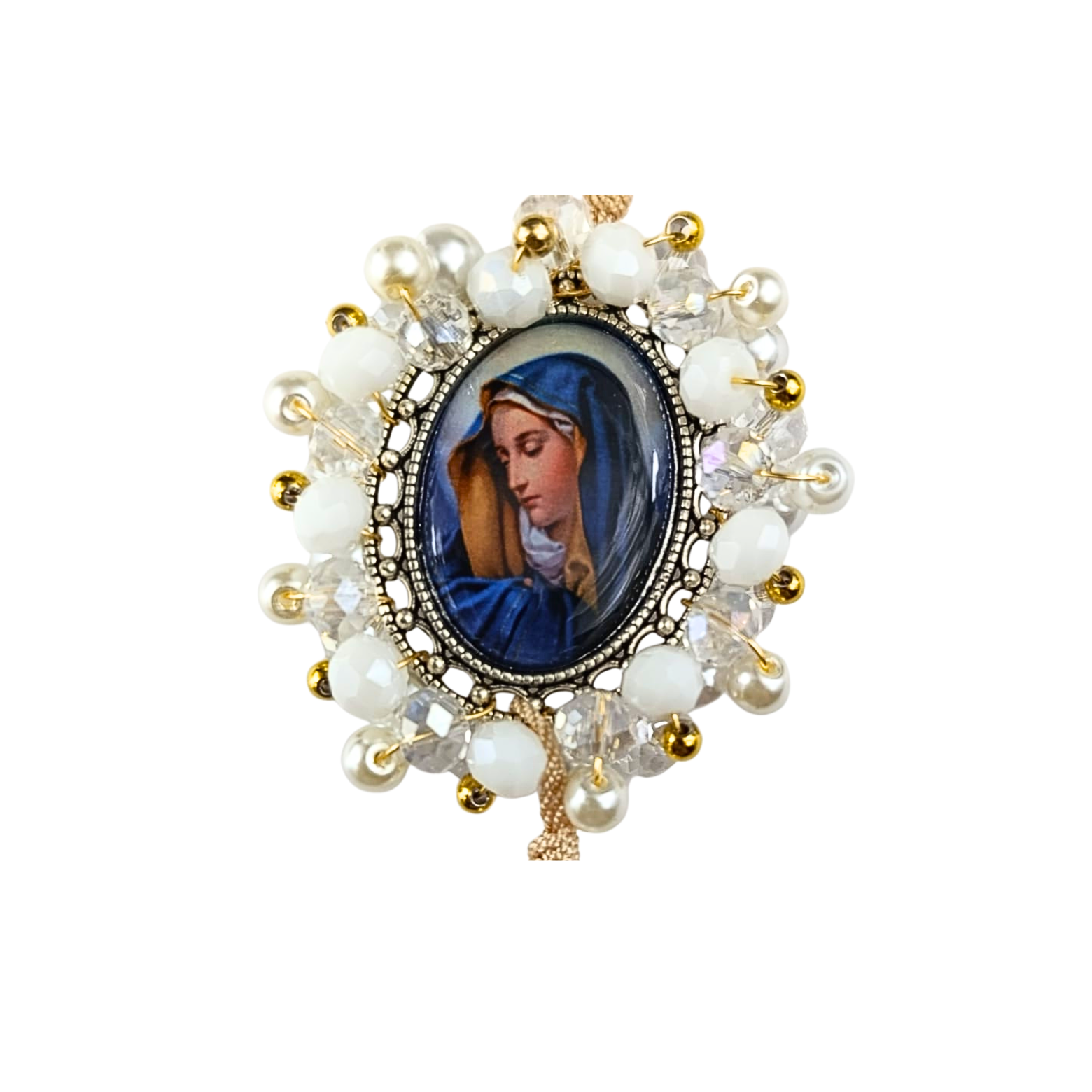 Rosario Virgen Maria - Perla Blanca y Detalles Dorados