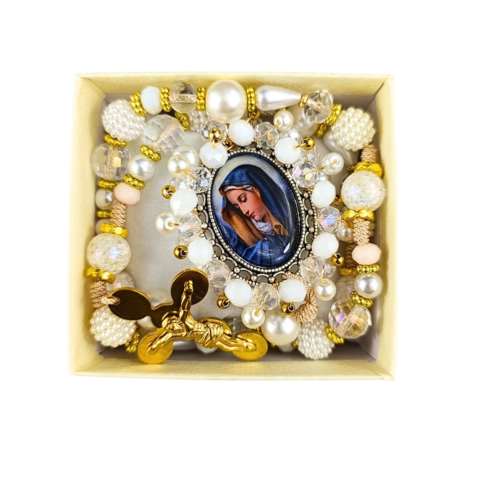 Rosario Virgen Maria - Perla Blanca y Detalles Dorados