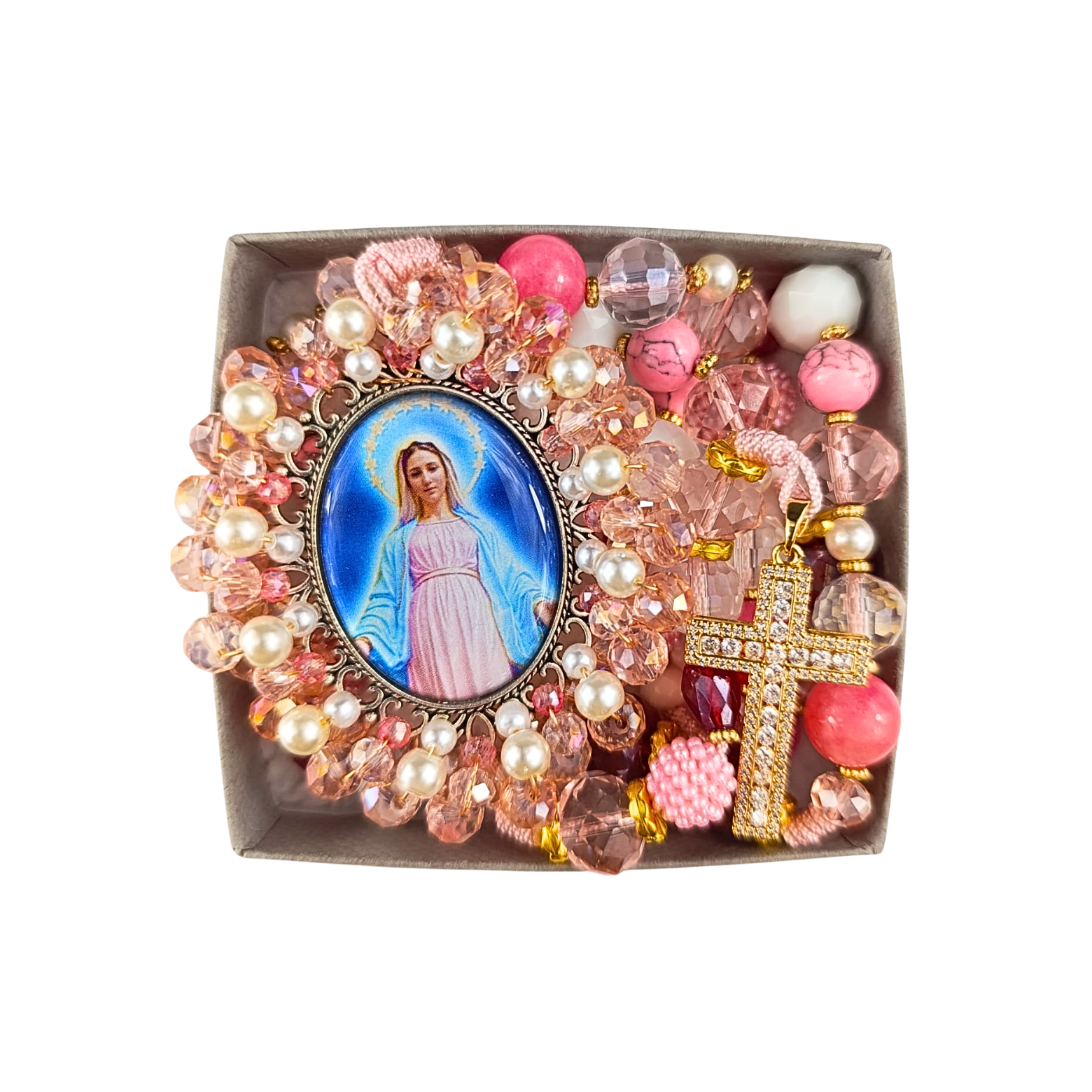 Rosarios Virgen Maria - Rosa Cristal y Perlas