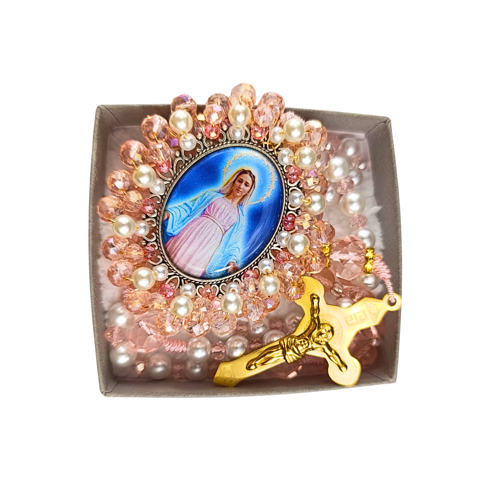 Rosario Virgen Maria - Rosa Cristal y Perla Transparente