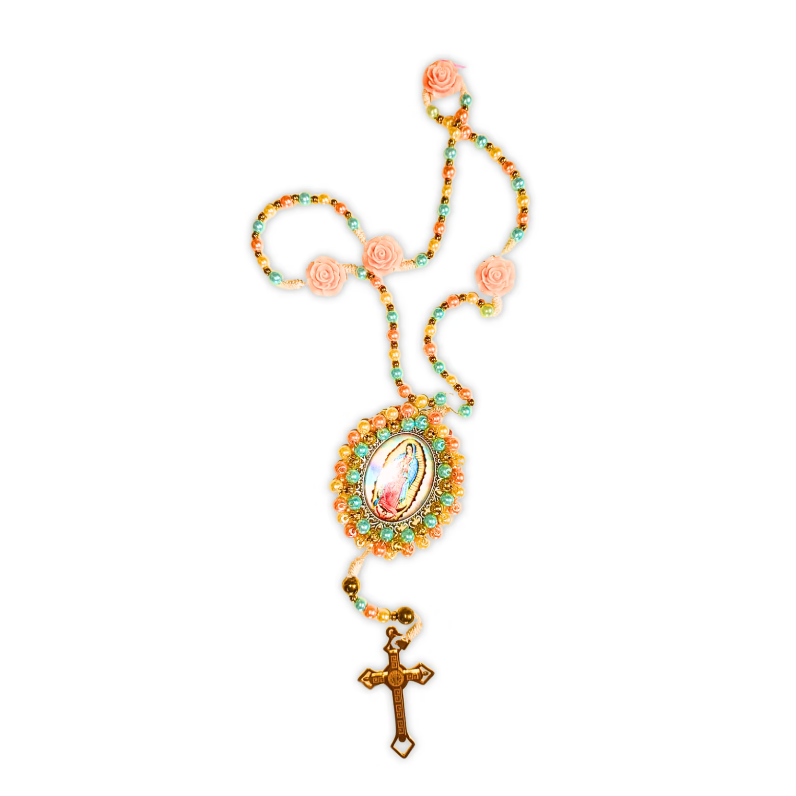 Rosario Virgen de Guadalupe – Turquesa, Dorado y Rosas Coral