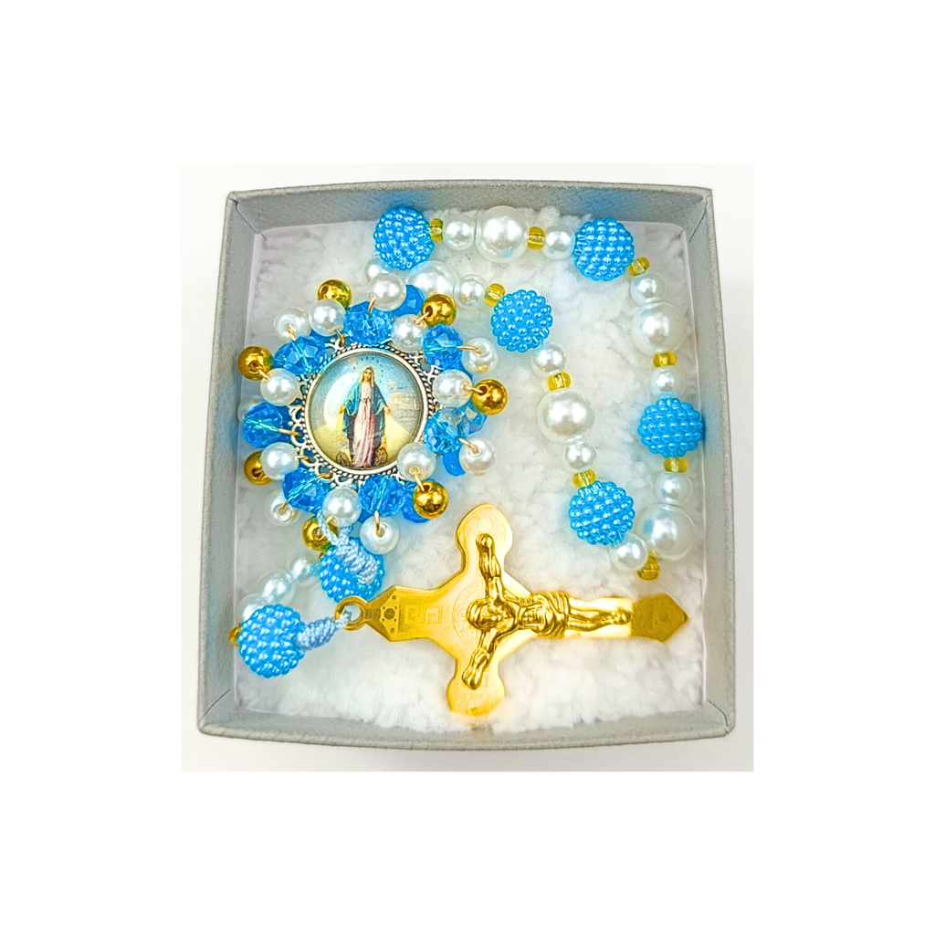 Denario Virgen Milagrosa – Azul Turquesa y Perla Plateada
