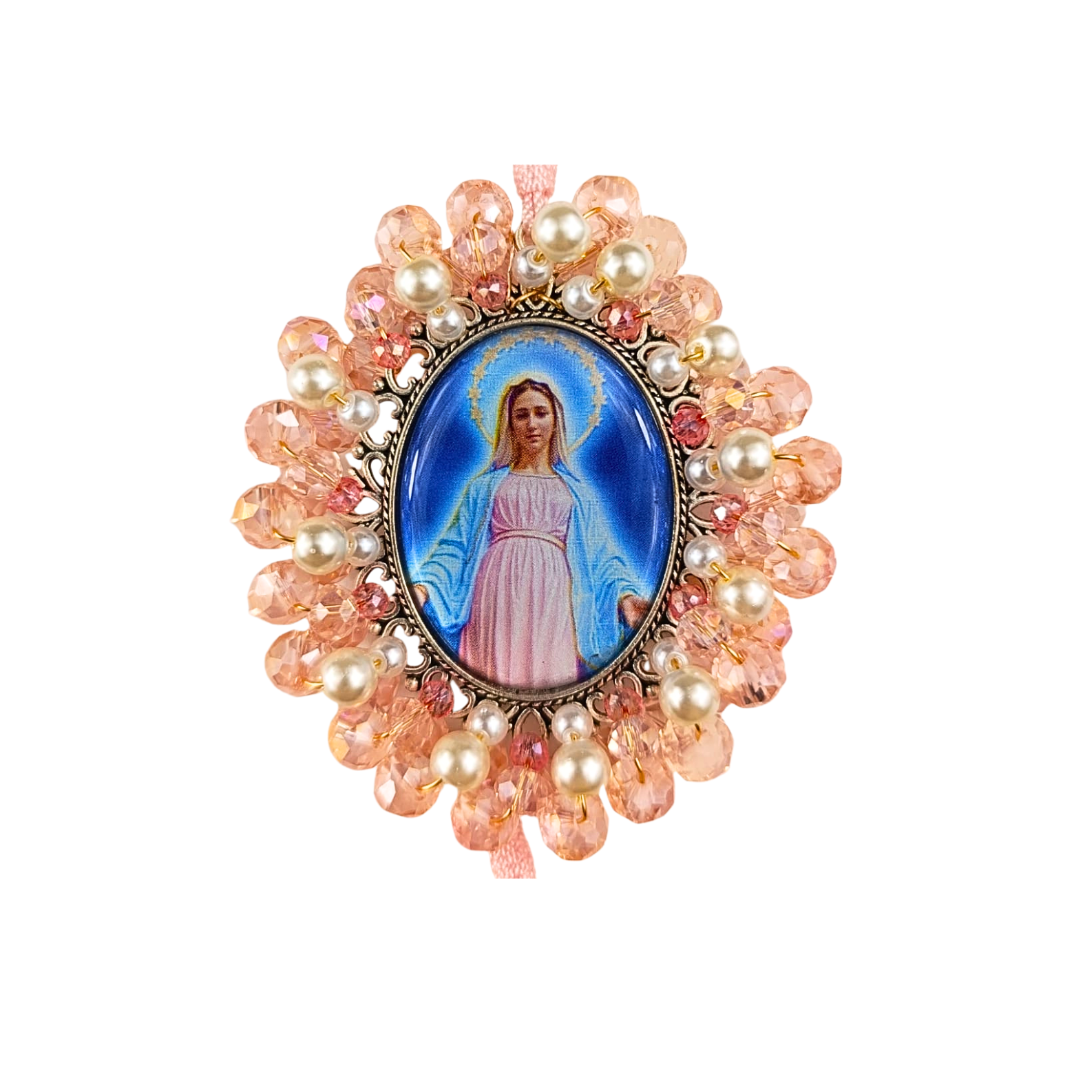 Rosario Virgen Maria - Rosa Cristal y Perla Transparente