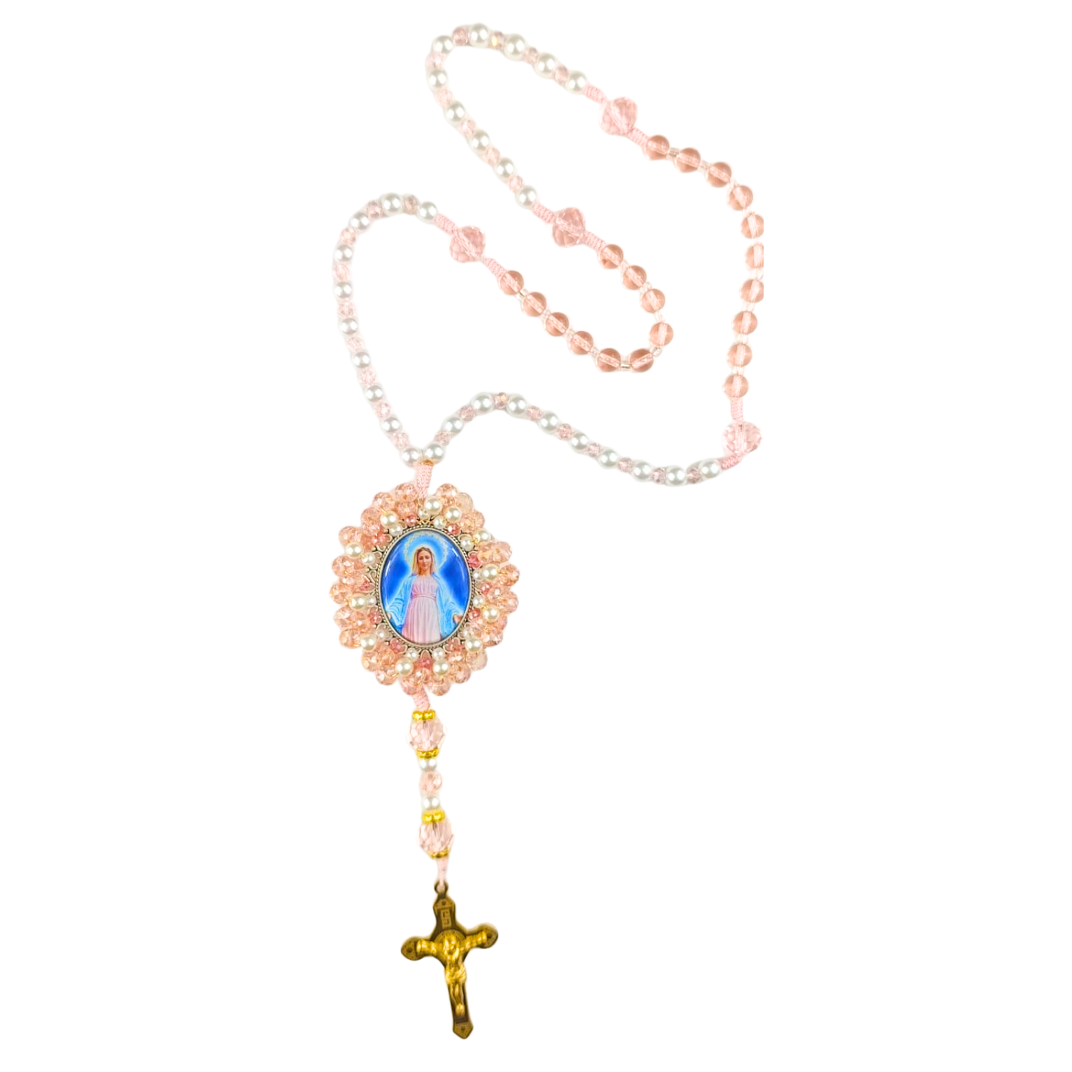 Rosario Virgen Maria - Rosa Cristal y Perla Transparente