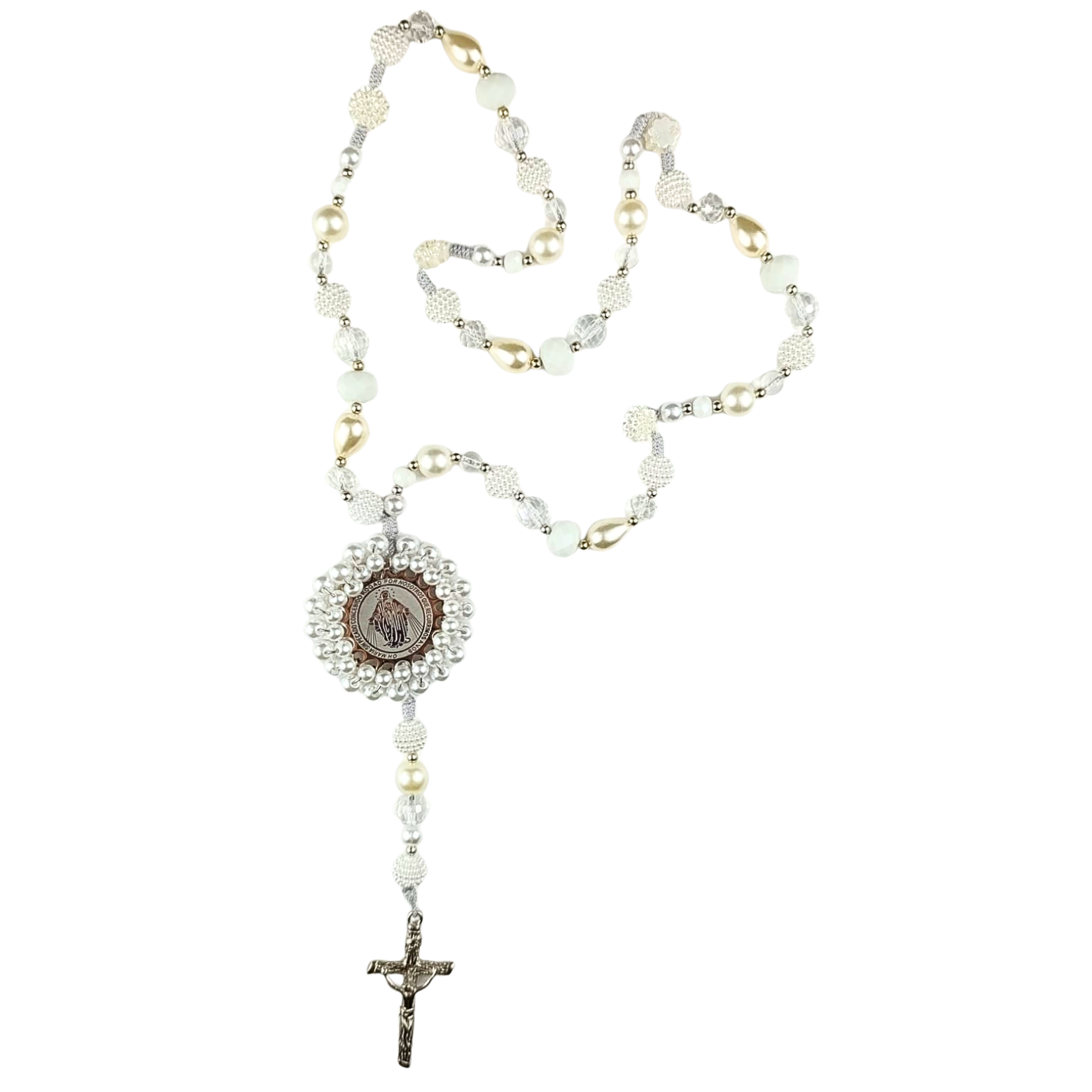 Rosario Virgen Milagrosa –  Perla Marfil y Cristal Transparente