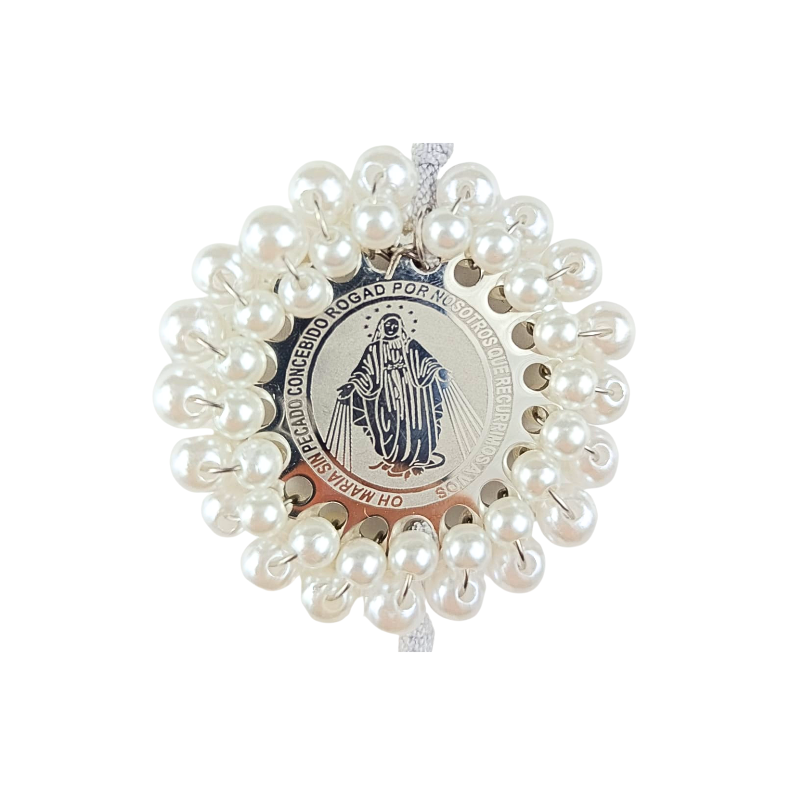 Rosario Virgen Milagrosa –  Perla Marfil y Cristal Transparente