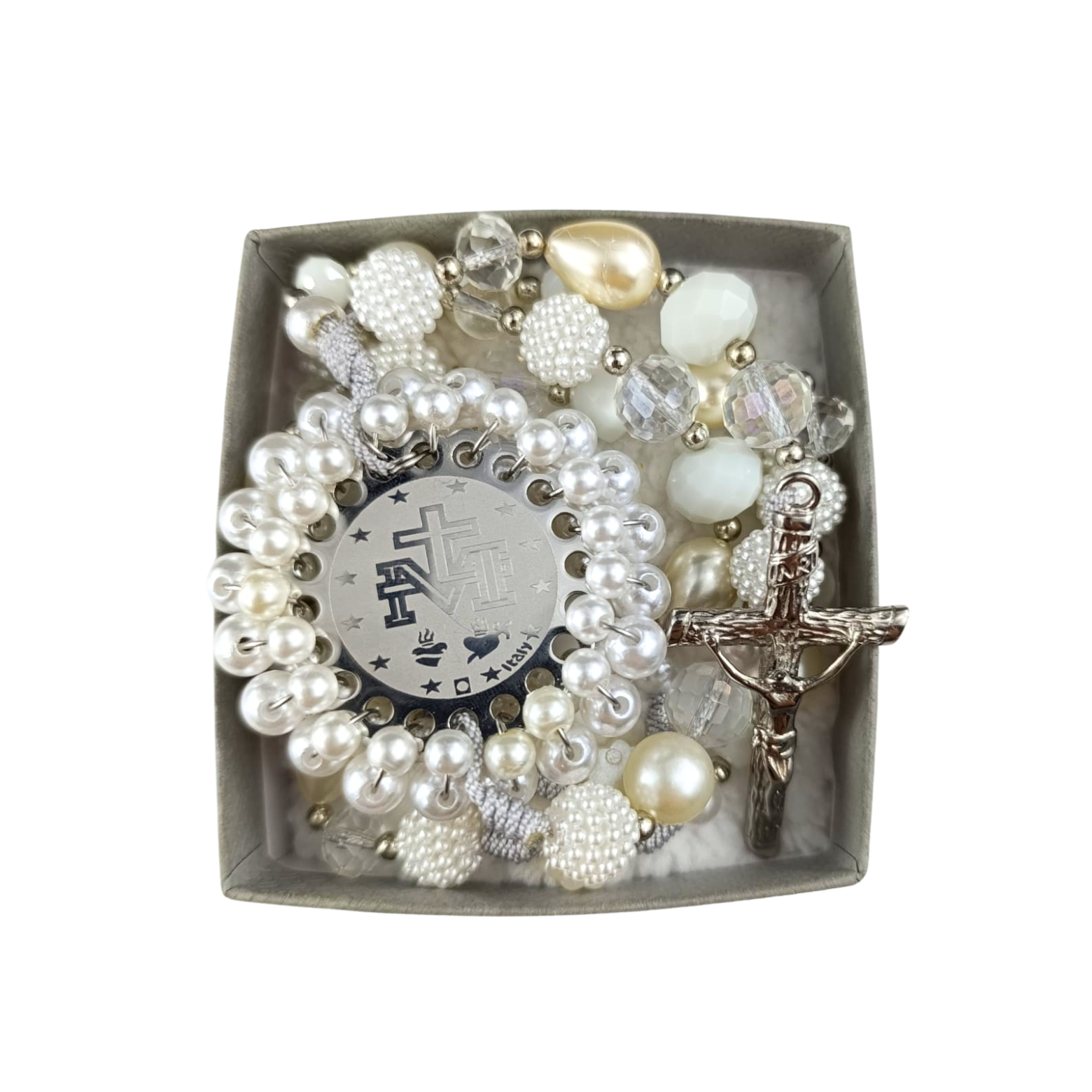 Rosario Virgen Milagrosa –  Perla Marfil y Cristal Transparente