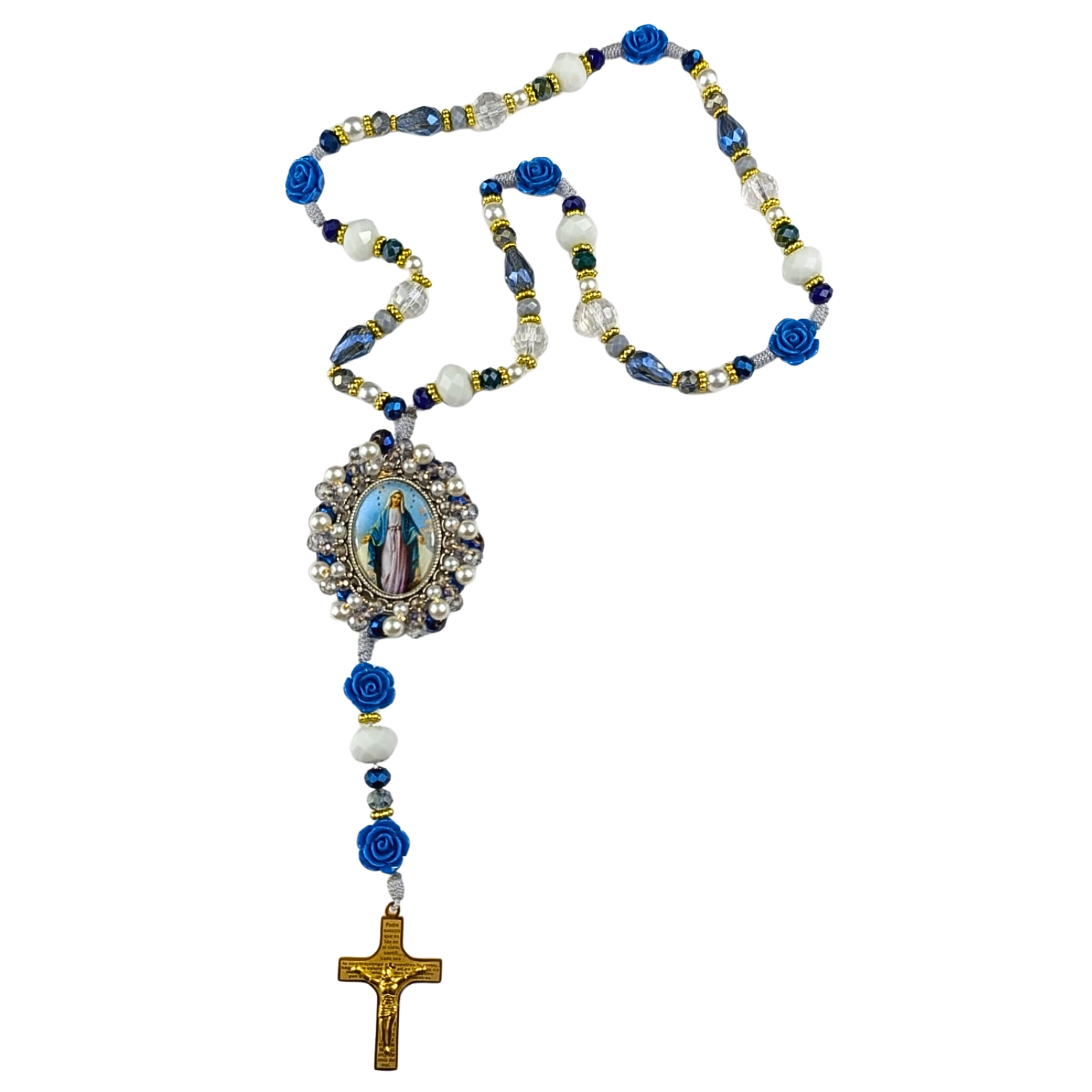 Rosario Virgen Milagrosa | Azul Cristal, Perla y Rosas de Resina