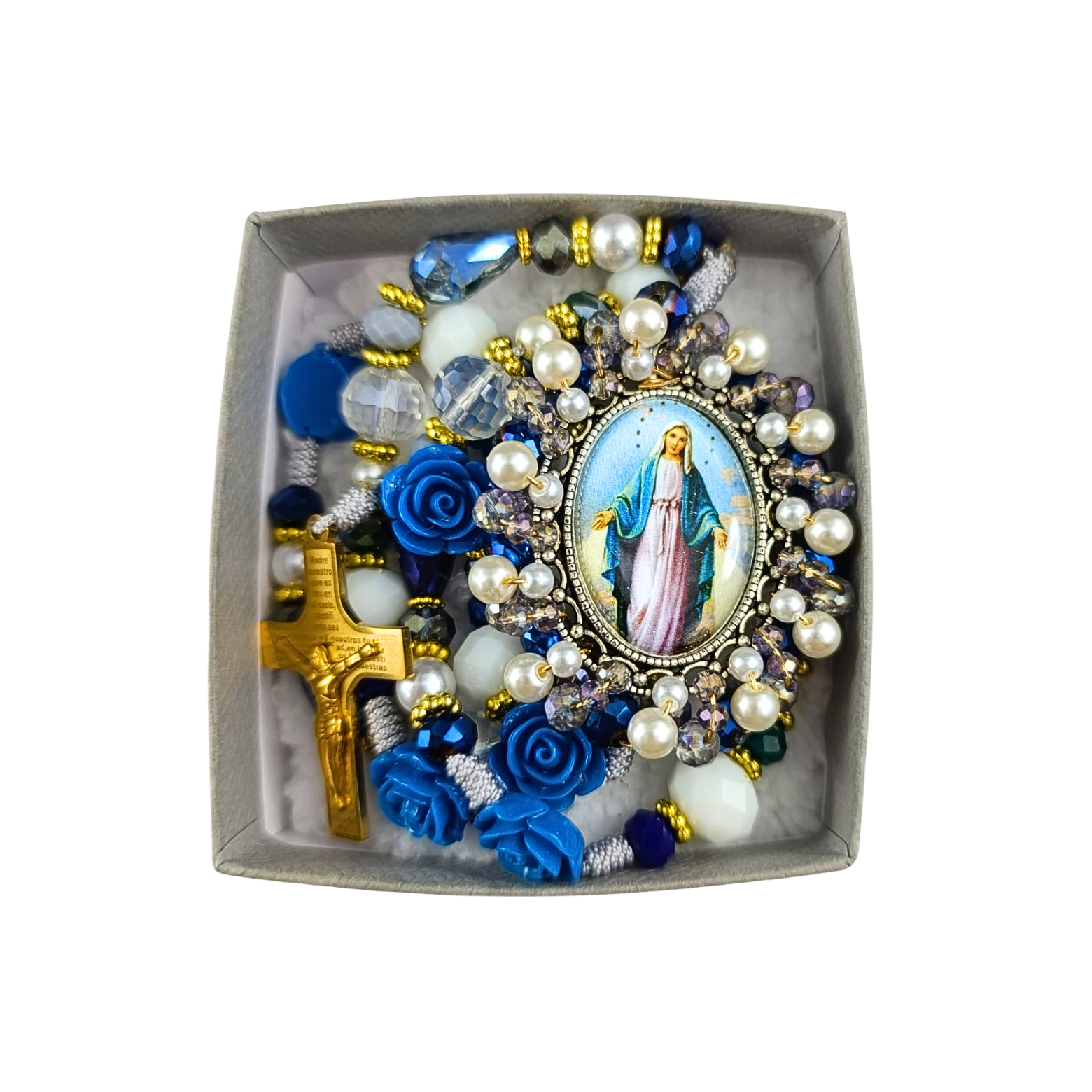 Rosario Virgen Milagrosa | Azul Cristal, Perla y Rosas de Resina
