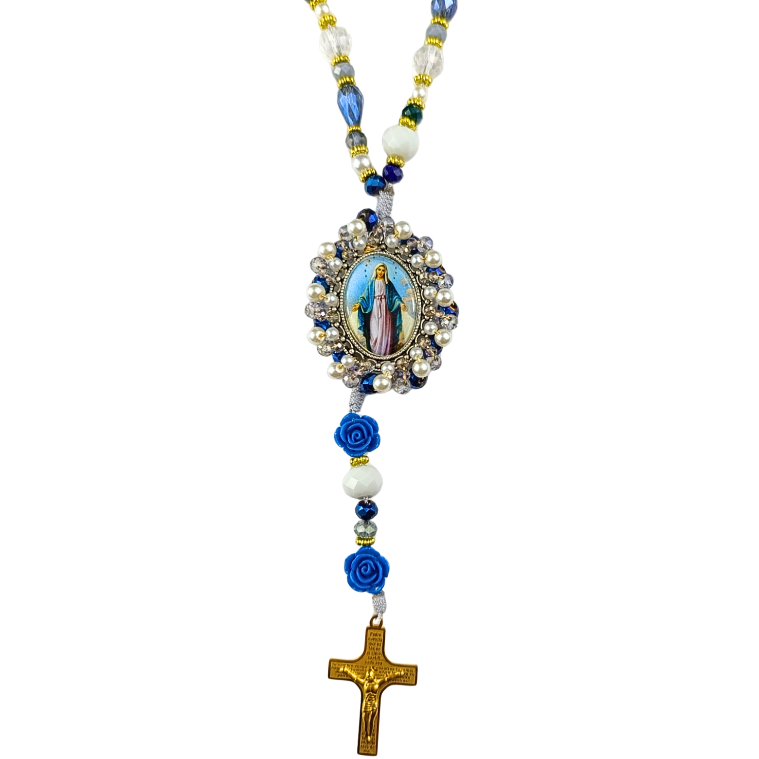 Rosario Virgen Milagrosa | Azul Cristal, Perla y Rosas de Resina