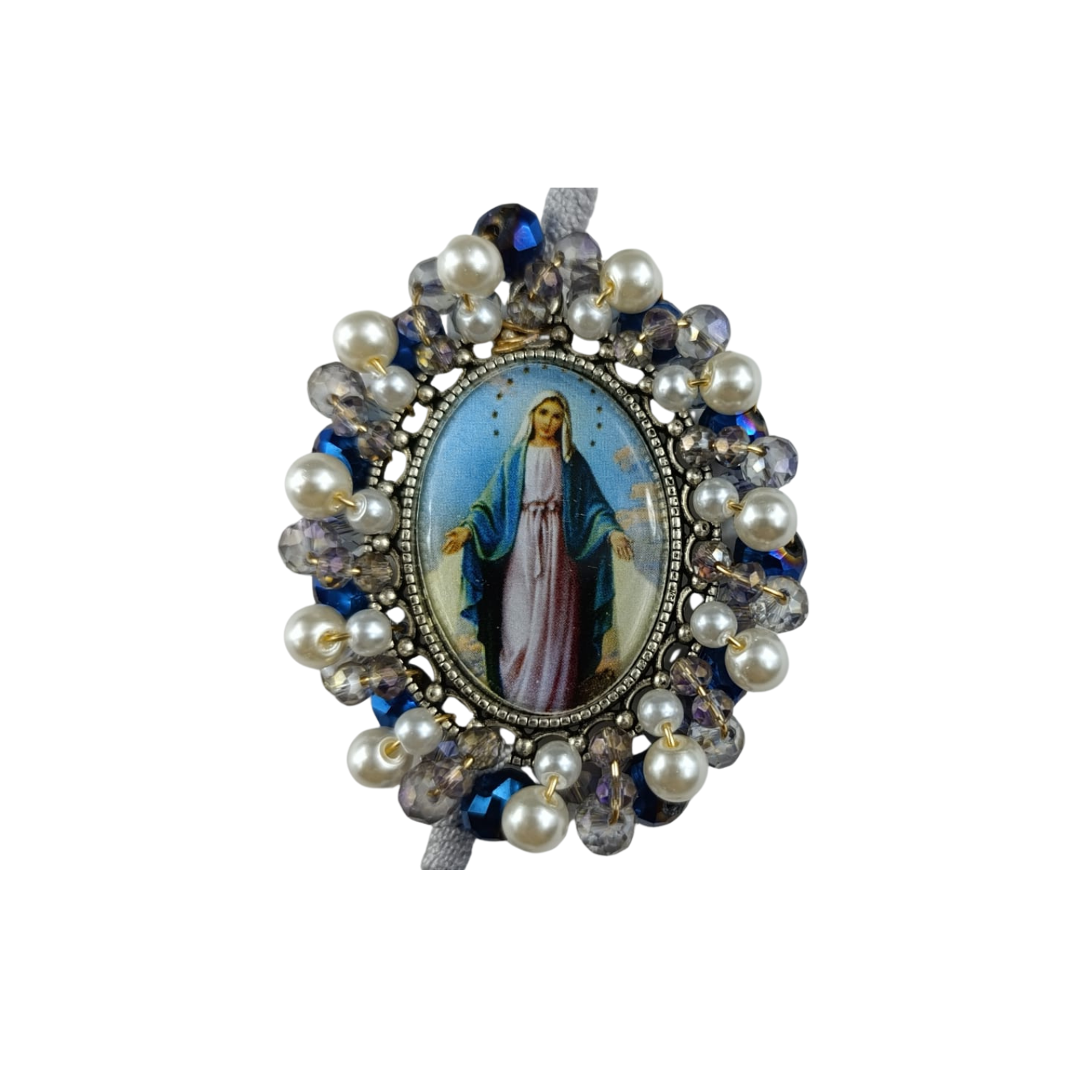 Rosario Virgen Milagrosa | Azul Cristal, Perla y Rosas de Resina