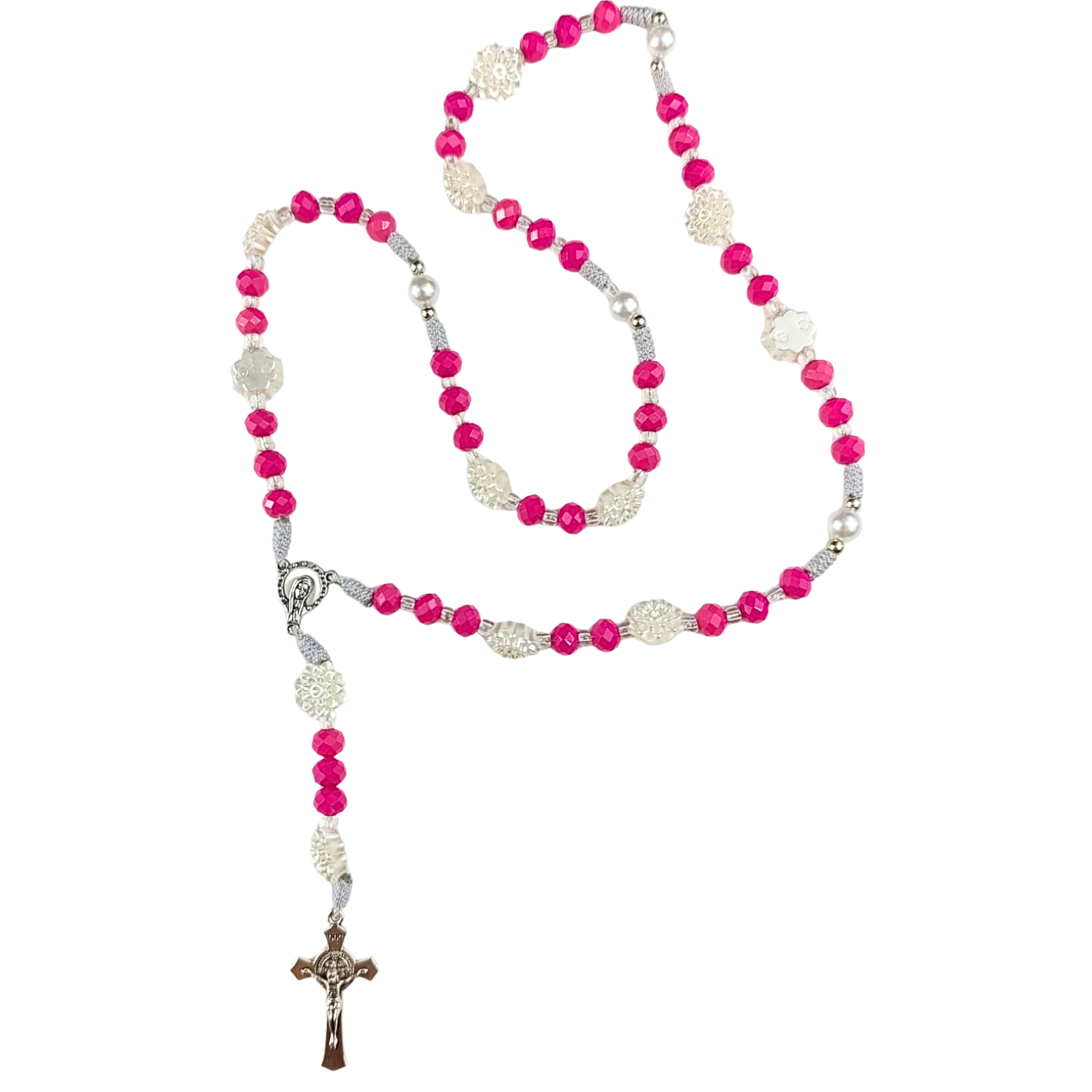 Rosario Virgen Milagrosa | Fucsia Cristal y Perla Texturizada