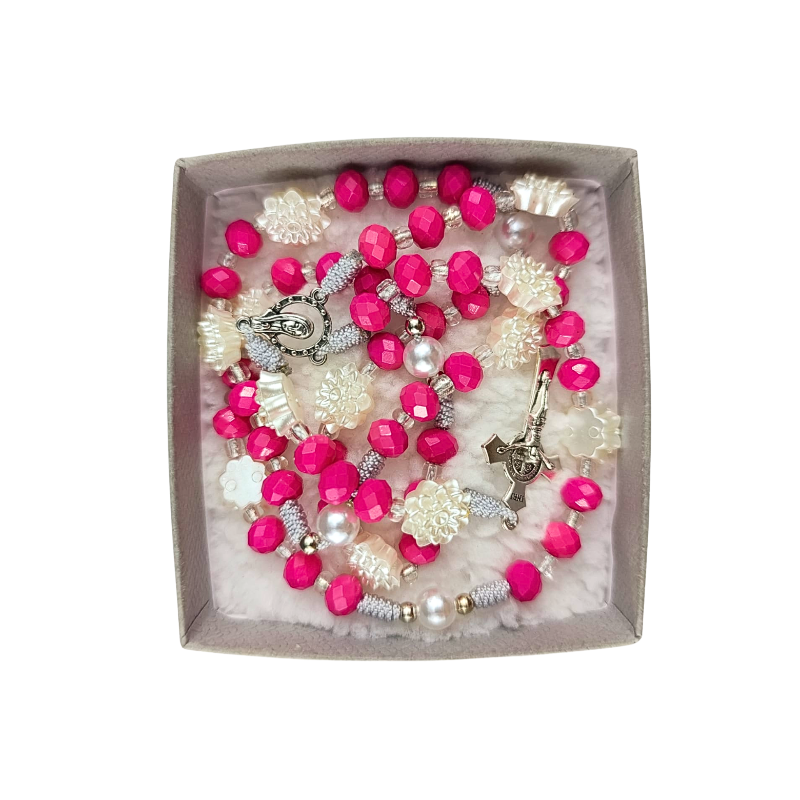 Rosario Virgen Milagrosa | Fucsia Cristal y Perla Texturizada
