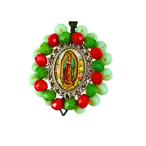 Llavero Decenario Virgen de Guadalupe | Verde y Rojo Cristal