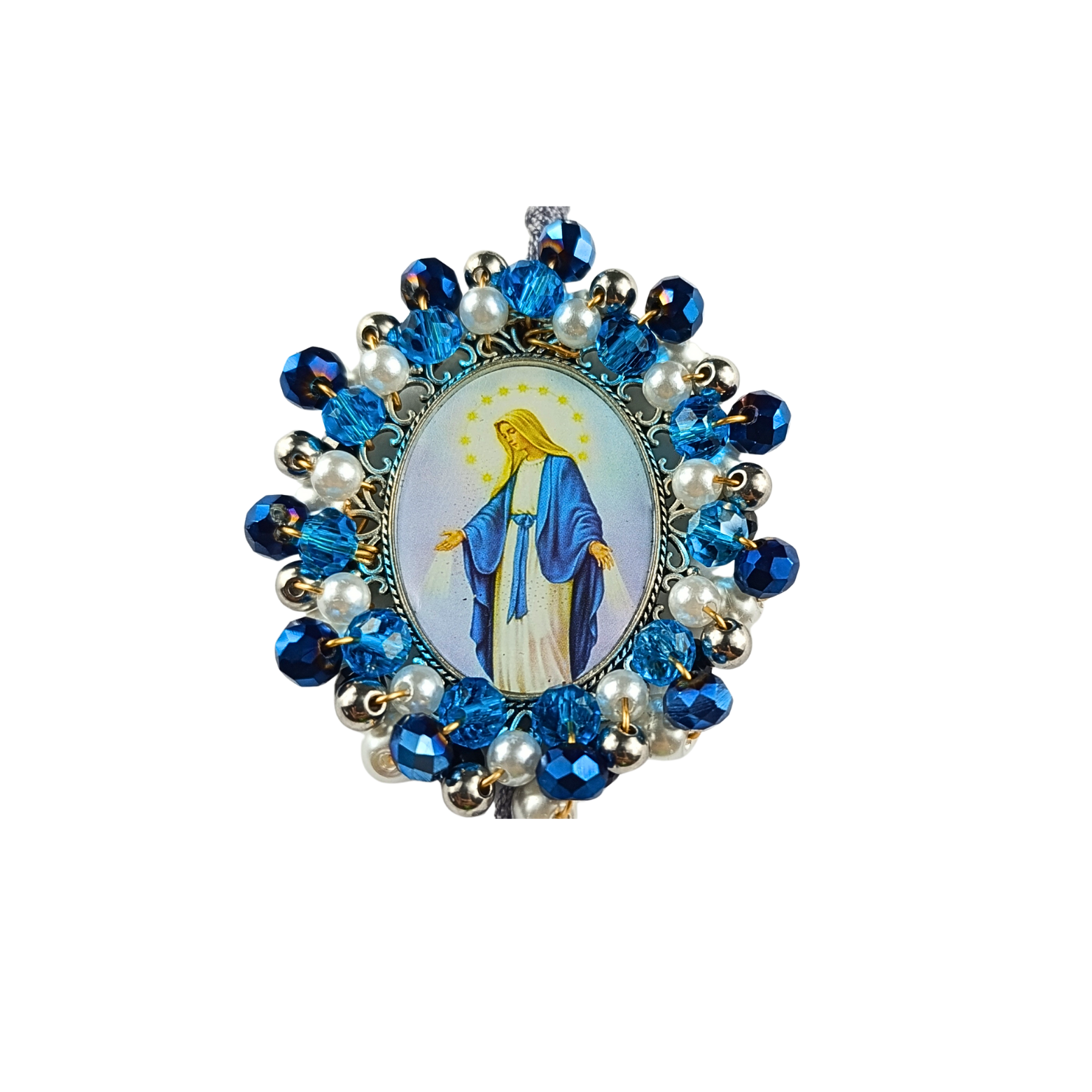Rosario Virgen Milagrosa | Azul, Blanco Perla y Rosas Negras