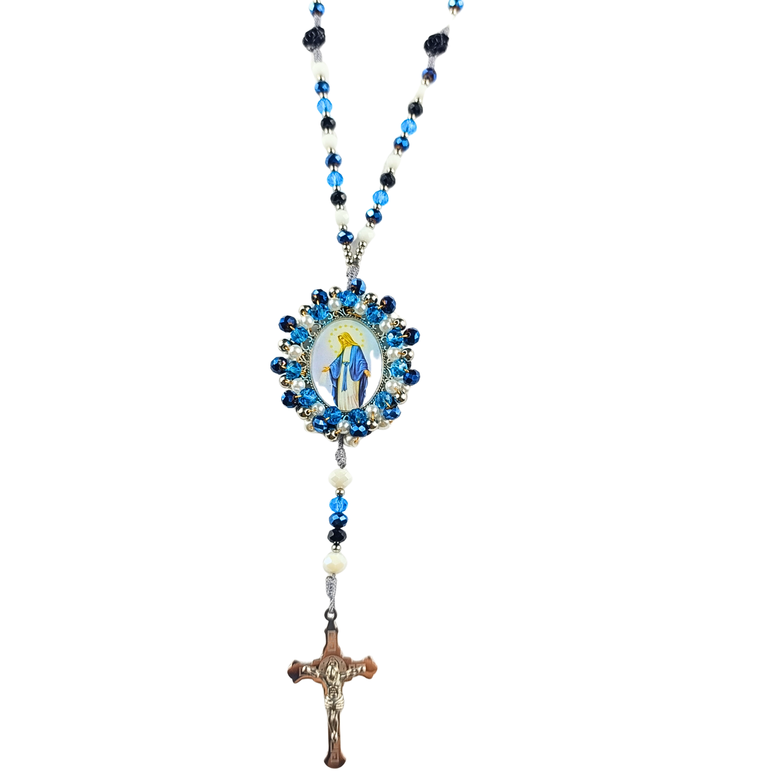 Rosario Virgen Milagrosa | Azul, Blanco Perla y Rosas Negras