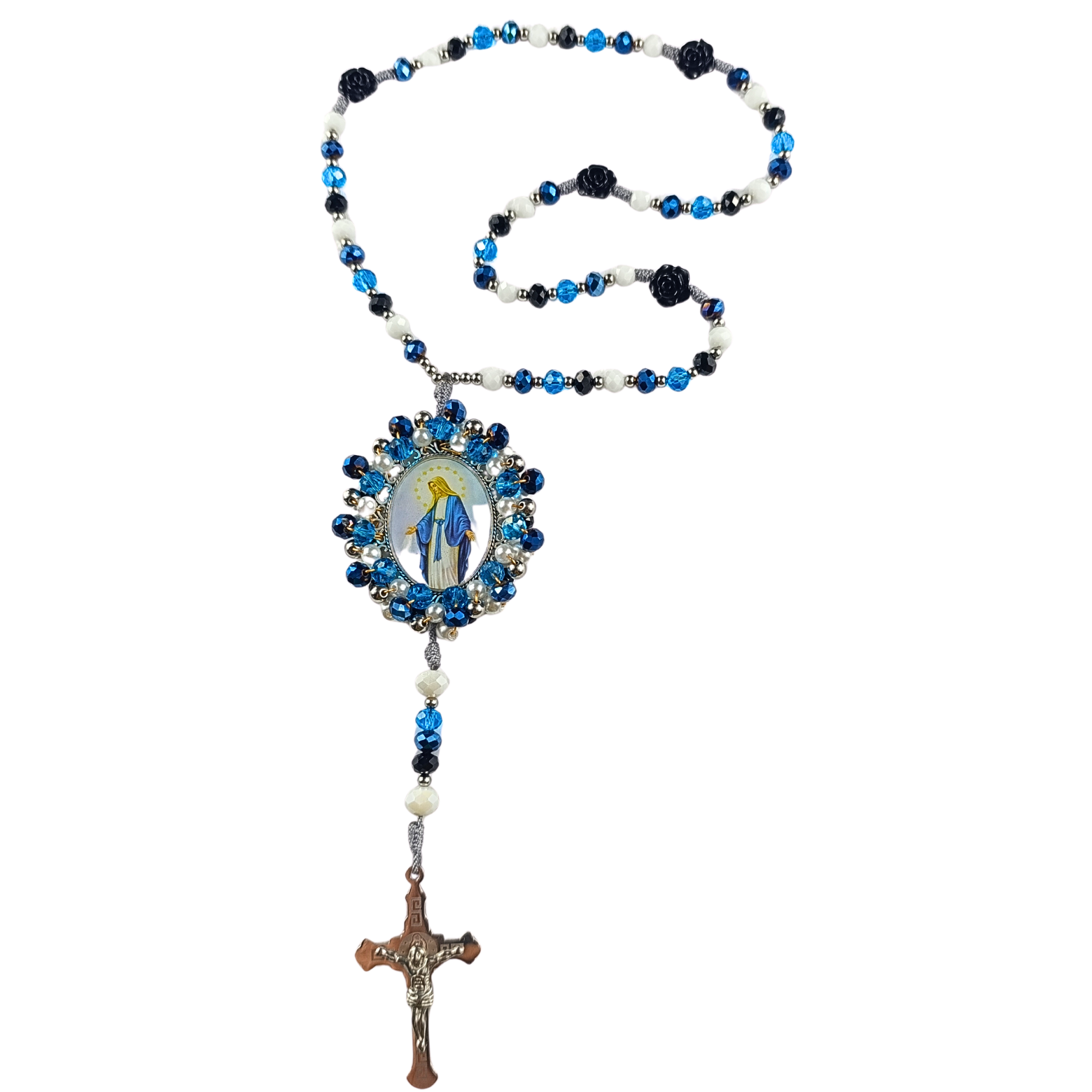 Rosario Virgen Milagrosa | Azul, Blanco Perla y Rosas Negras