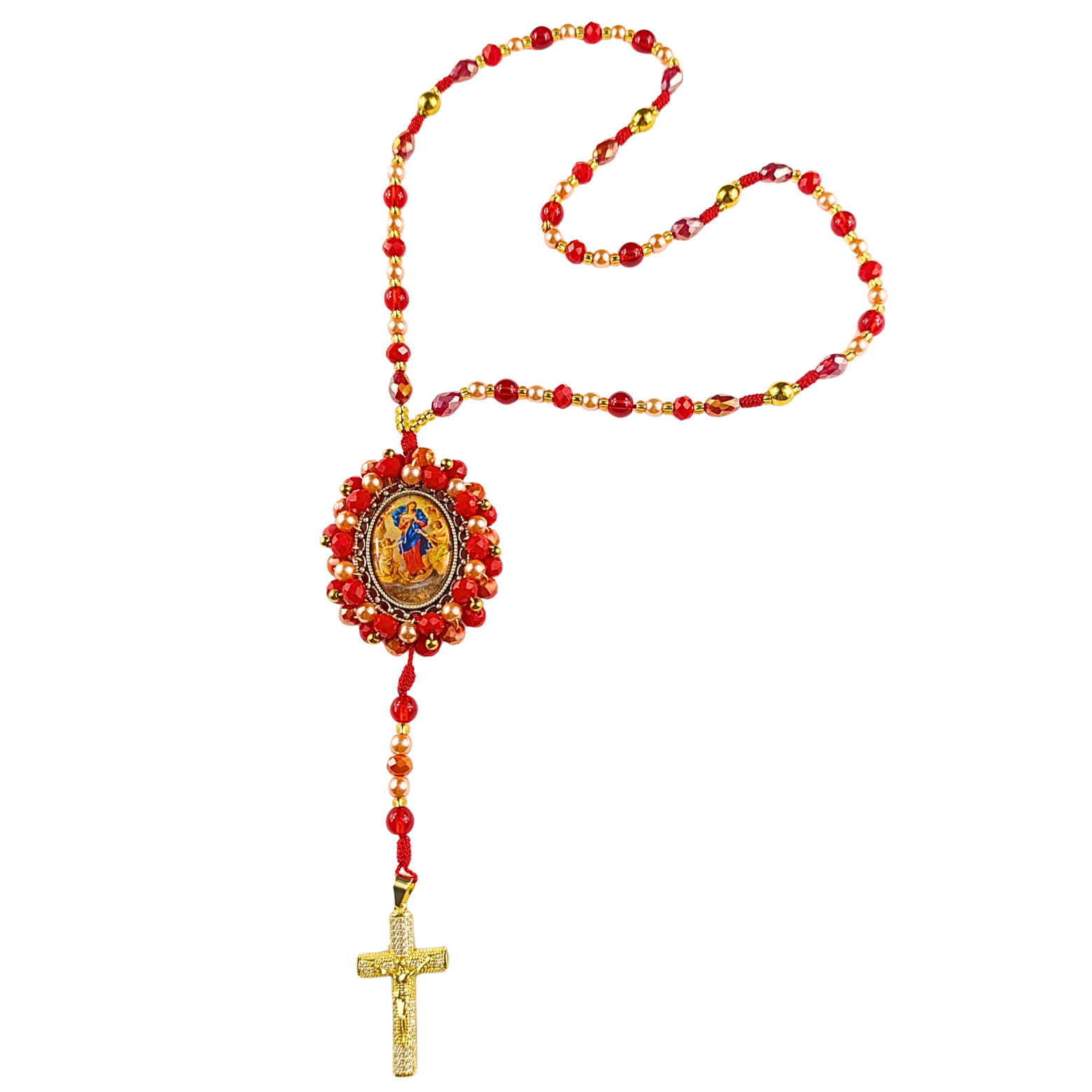 Rosario Virgen Desatanudos - Rojo cristal y Dorado