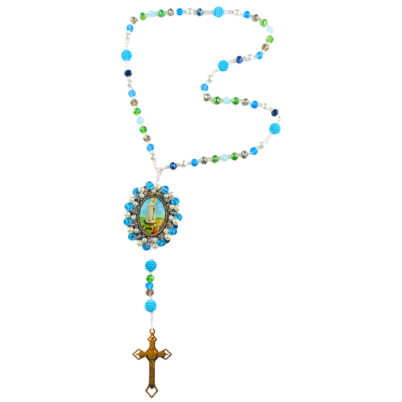Rosario Virgen de Fatima - Verde esmeralda, Blanco y Azul celeste