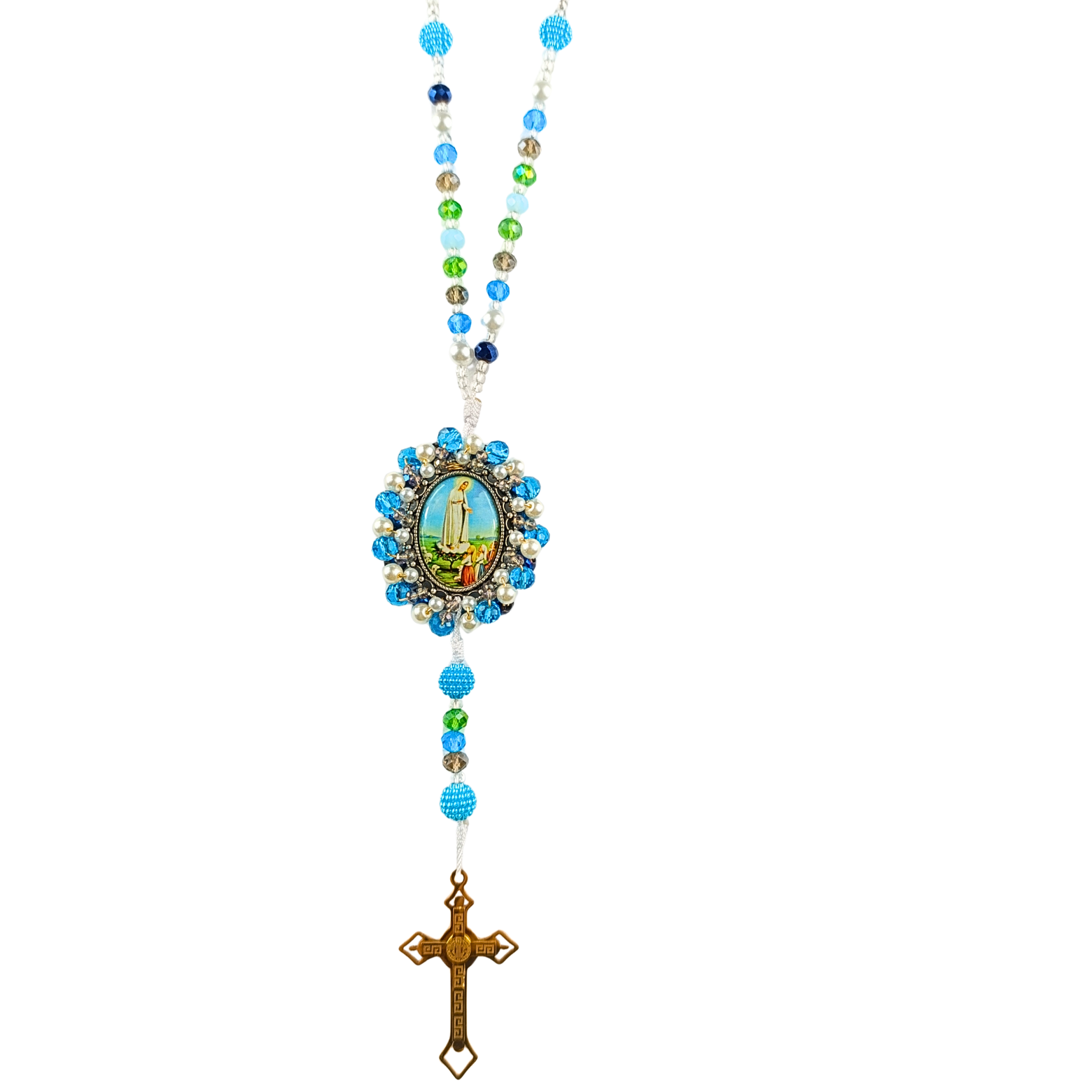 Rosario Virgen de Fatima - Verde esmeralda, Blanco y Azul celeste