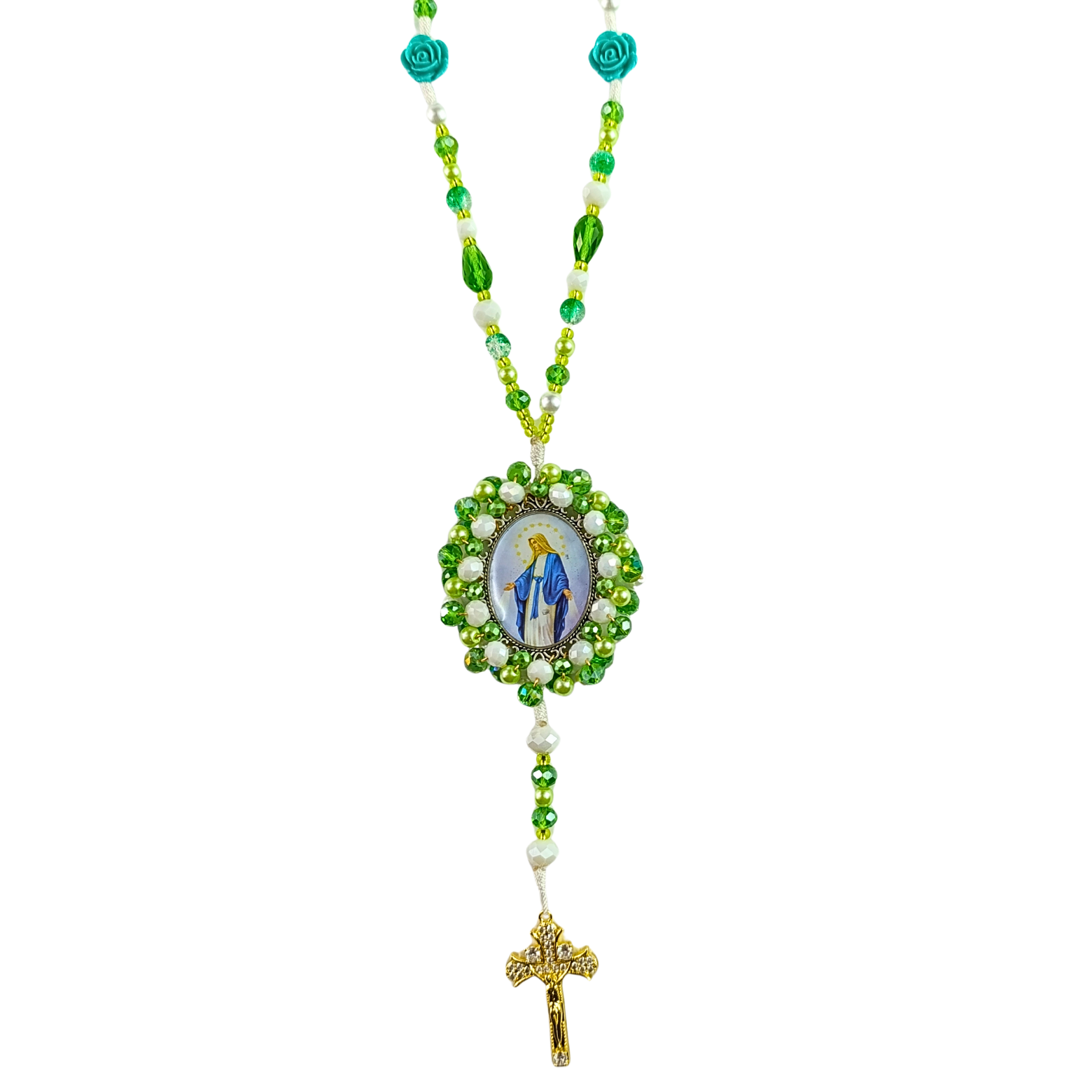 Rosario Virgen Milagrosa - Verde esmeralda y Rosas turquesa