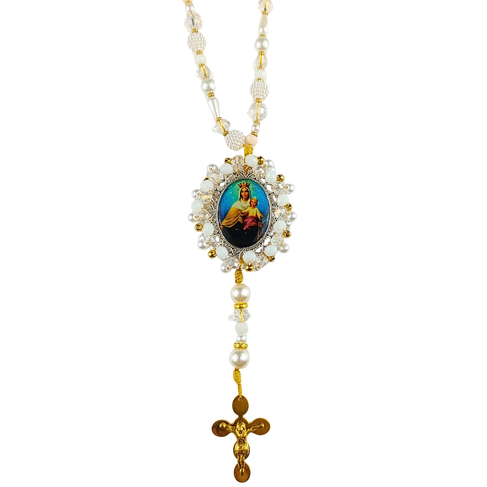 Rosario Virgen del Carmen – Blanco perlado y Dorado