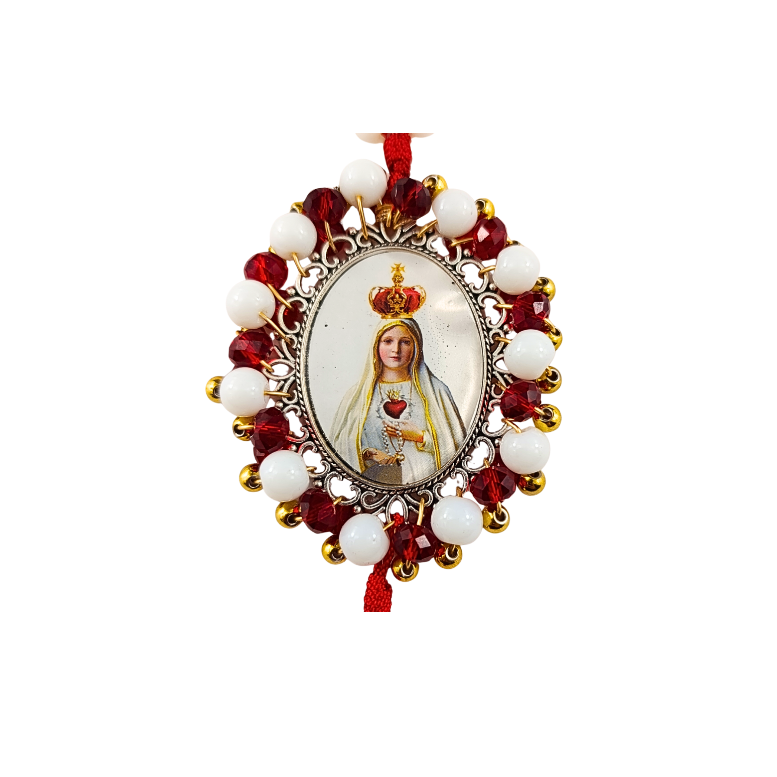 Rosario Virgen de Fátima | Blanco Perlado y Perlas Rojas