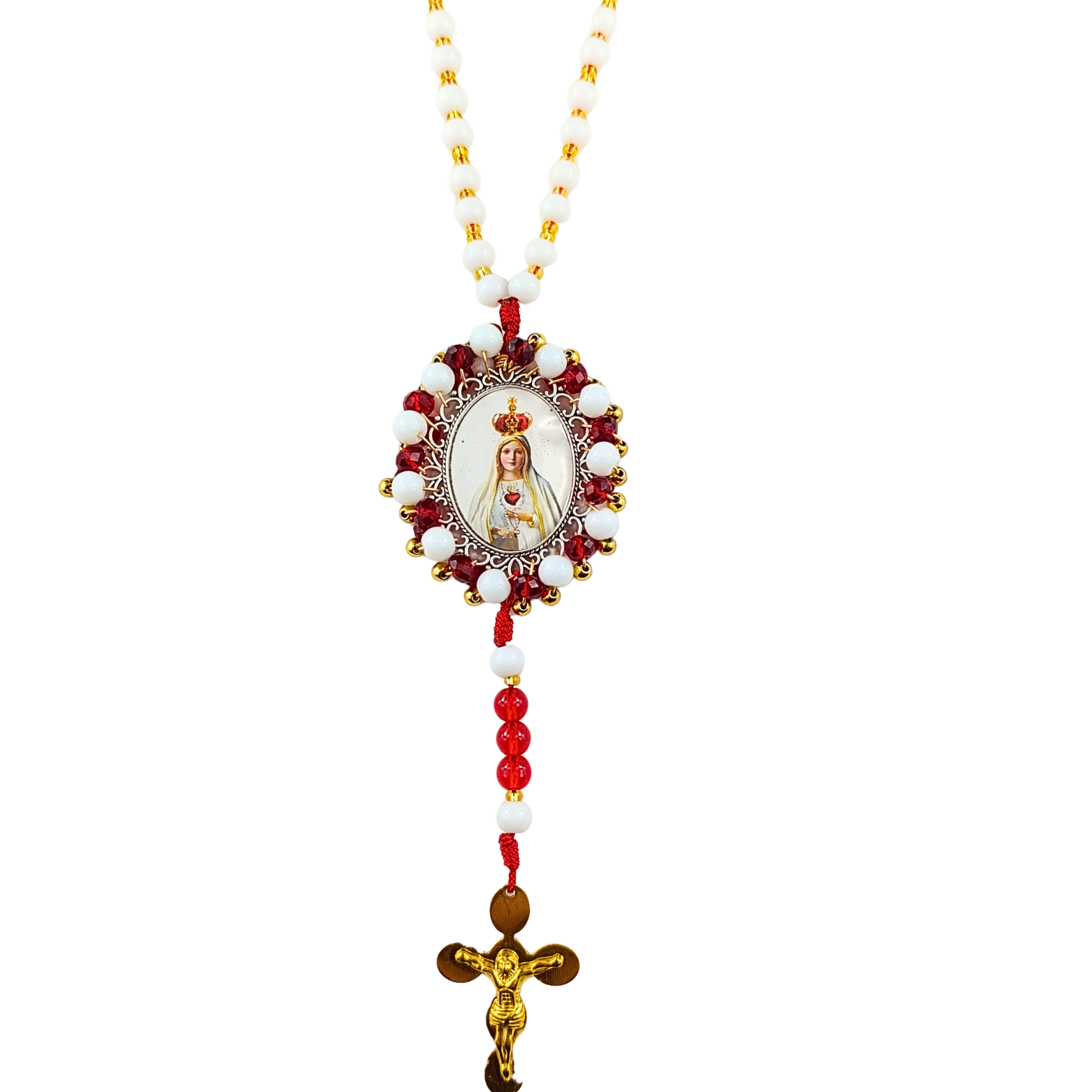 Rosario Virgen de Fátima | Blanco Perlado y Perlas Rojas