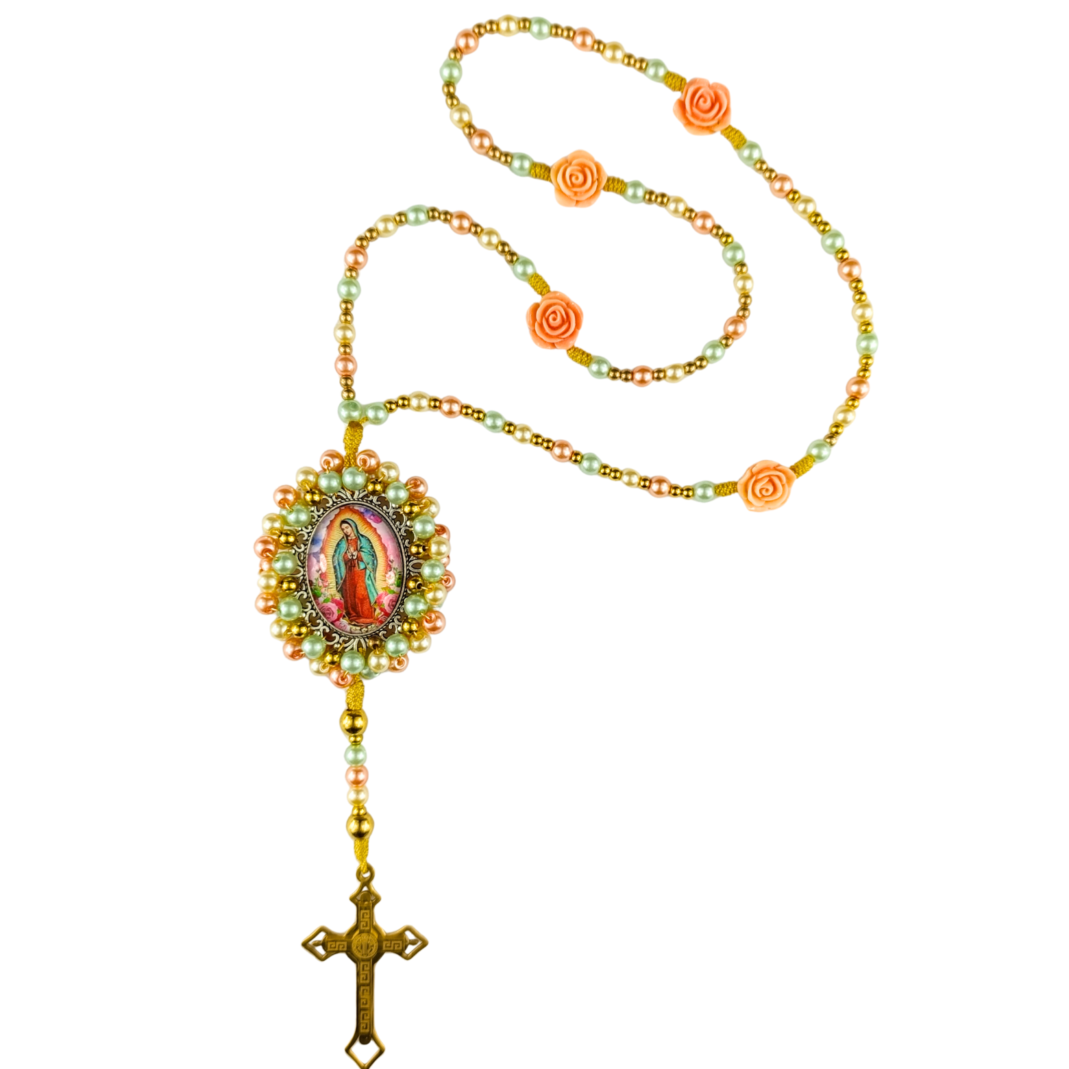 Rosario Virgen de Guadalupe - Verde, Dorado y Rosa perlado