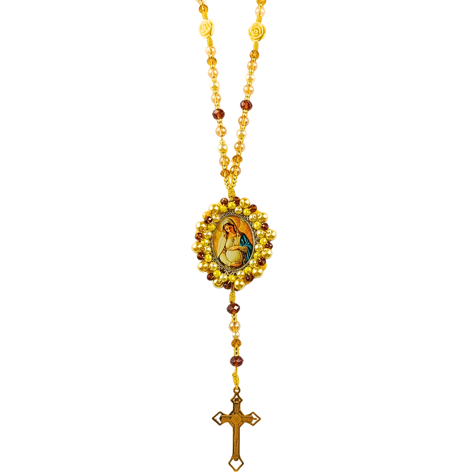 Rosario Virgen de la Dulce espera - Beige, Dorado y Blanco perlado