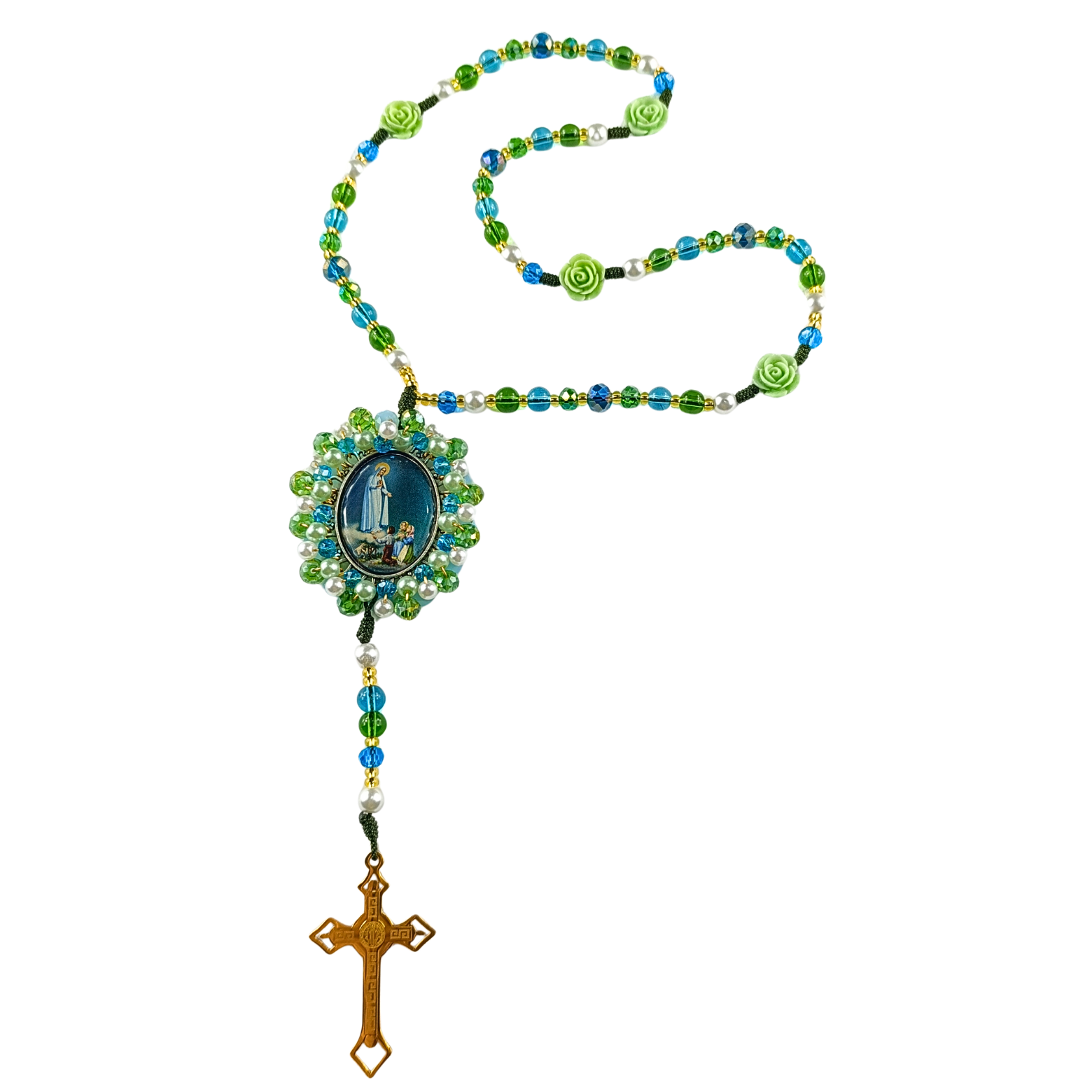 Rosario Virgen de Fatima - Verde esmeralda y Rosas verde