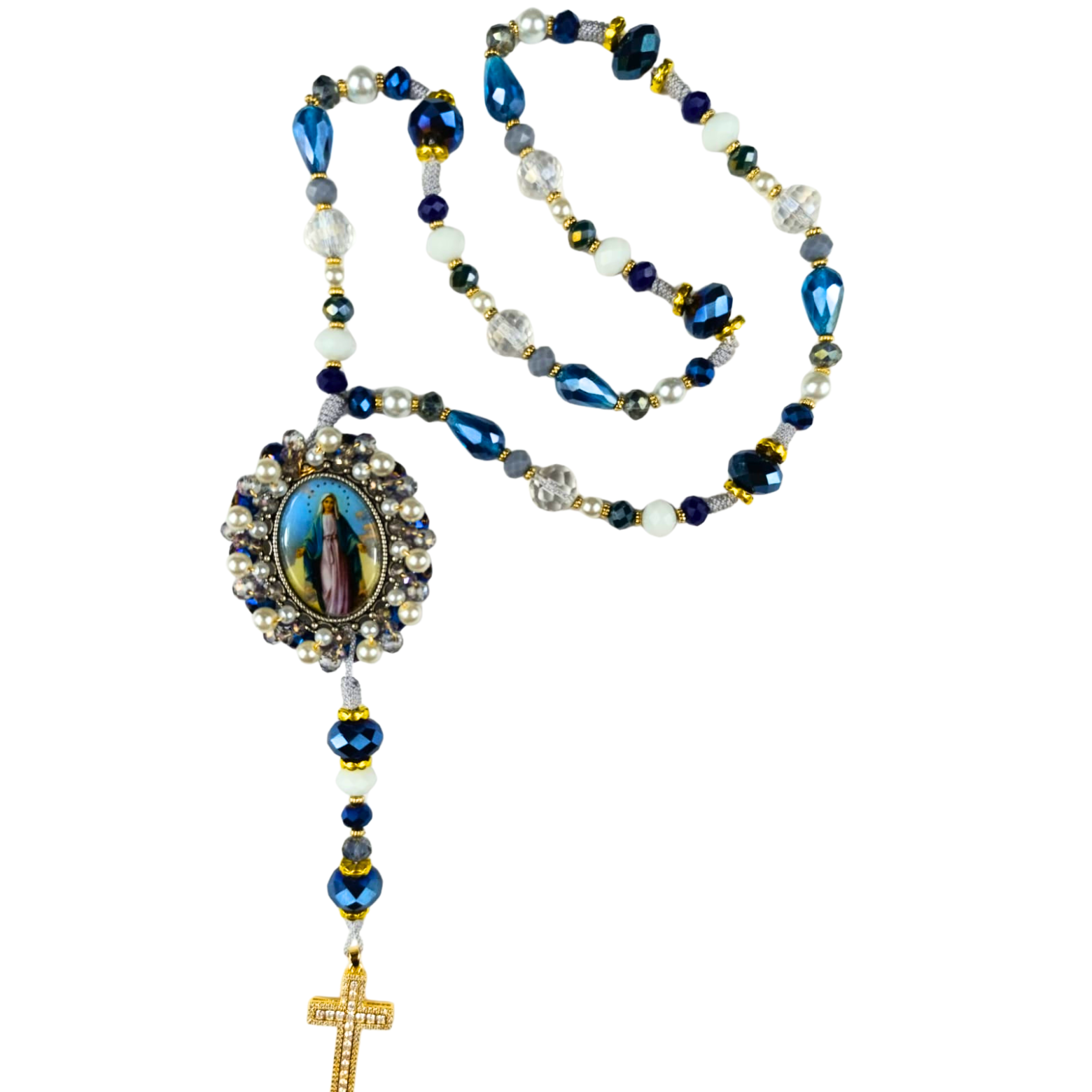Rosario Virgen Milagrosa – Azul Cristal y Perla Blanca
