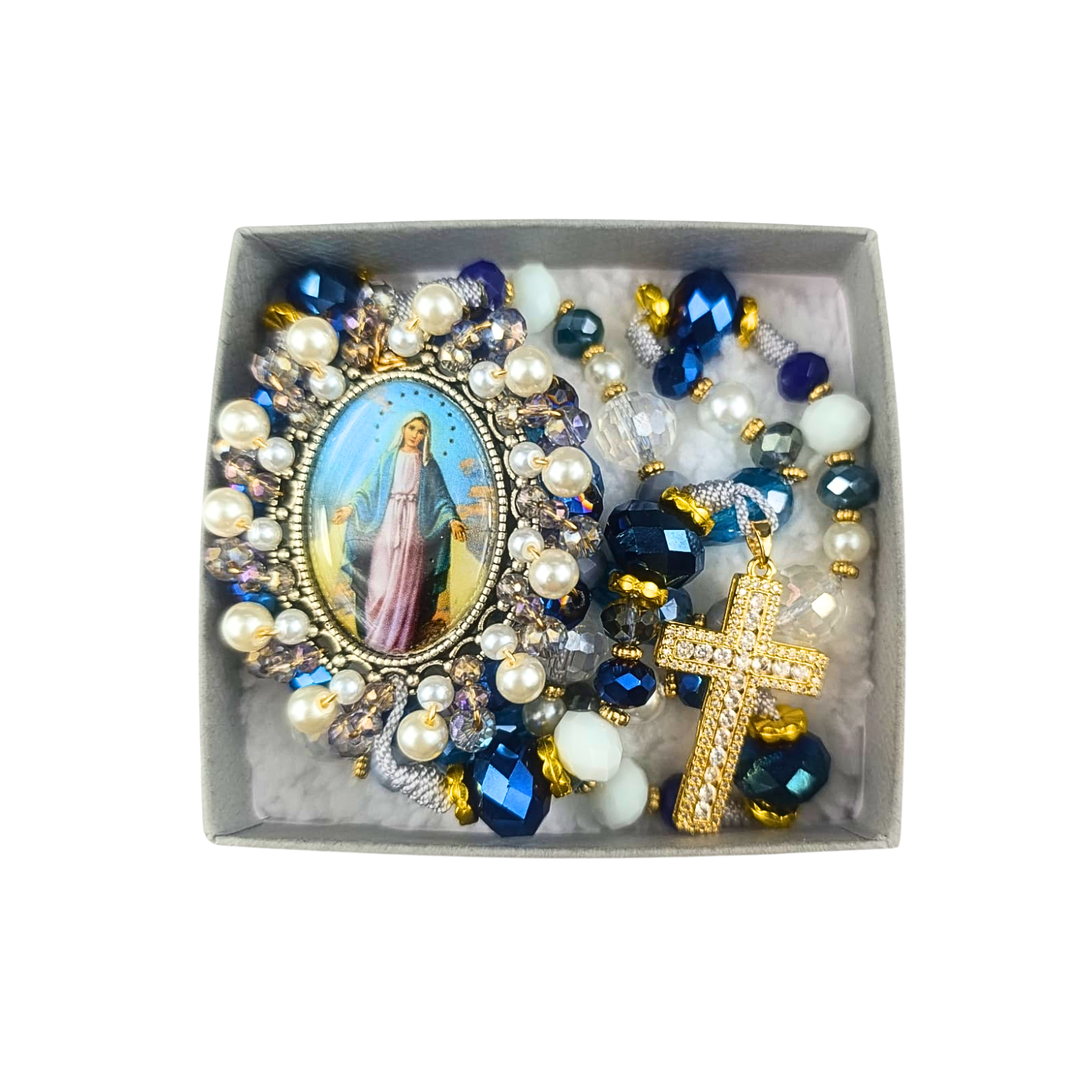 Rosario Virgen Milagrosa – Azul Cristal y Perla Blanca