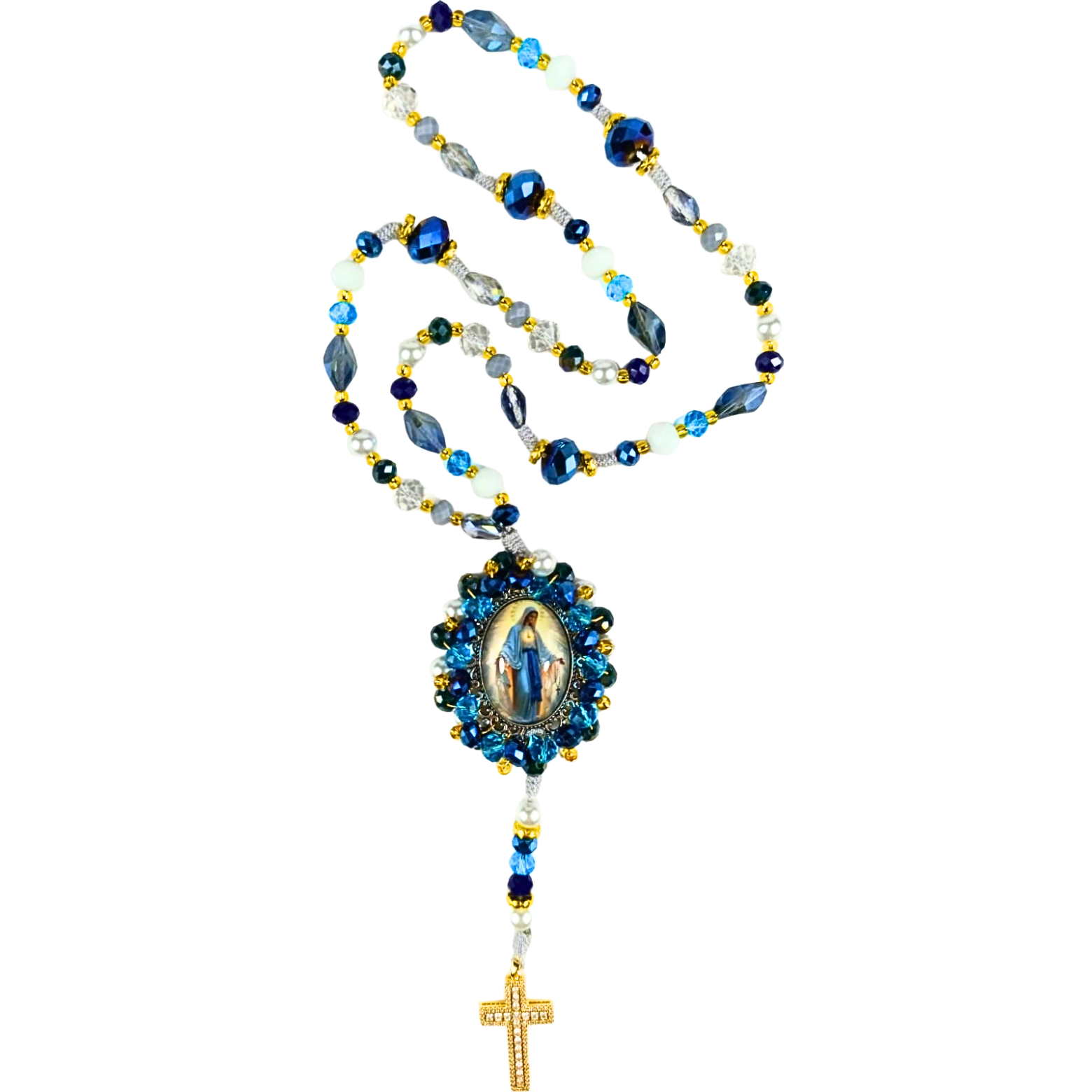 Rosario Virgen Milagrosa | Azul Cristal y Perla Transparente